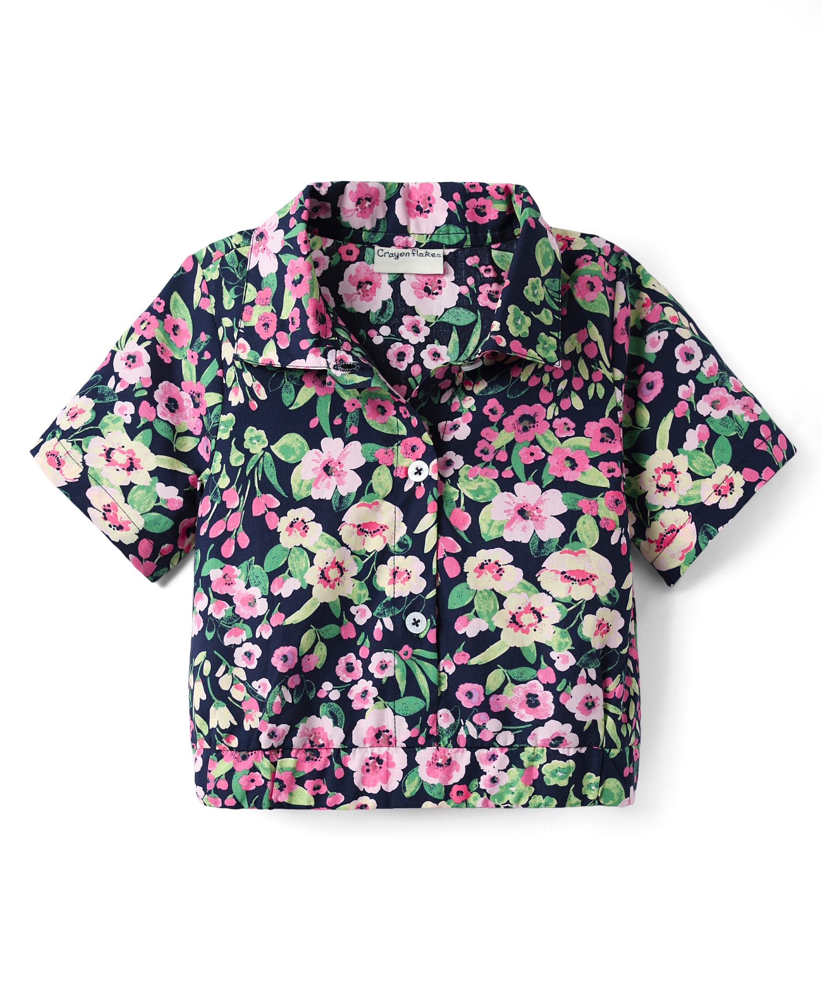 CrayonFlakes Cotton Woven Half Sleeves Floral Printed Shirt Style Crop Top - Navy Blue & Pink-picture-1