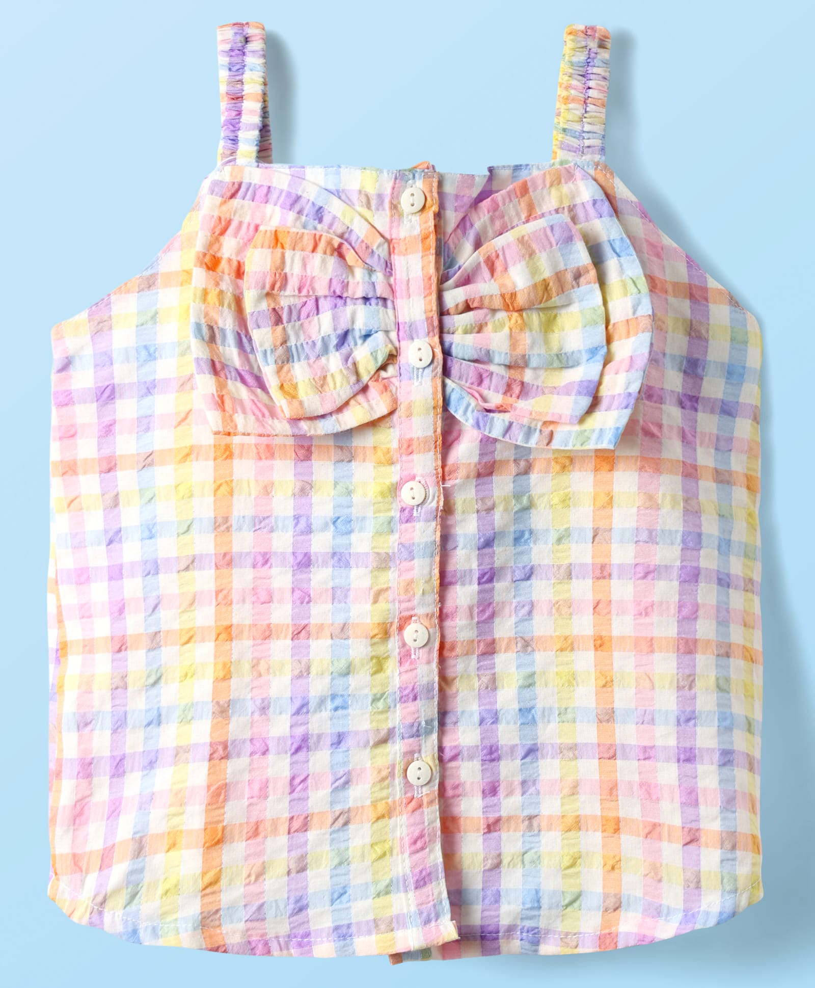 Babyhug Cotton Woven Sleeveless Front Open Checks Top With Bow Applique - Multicolor