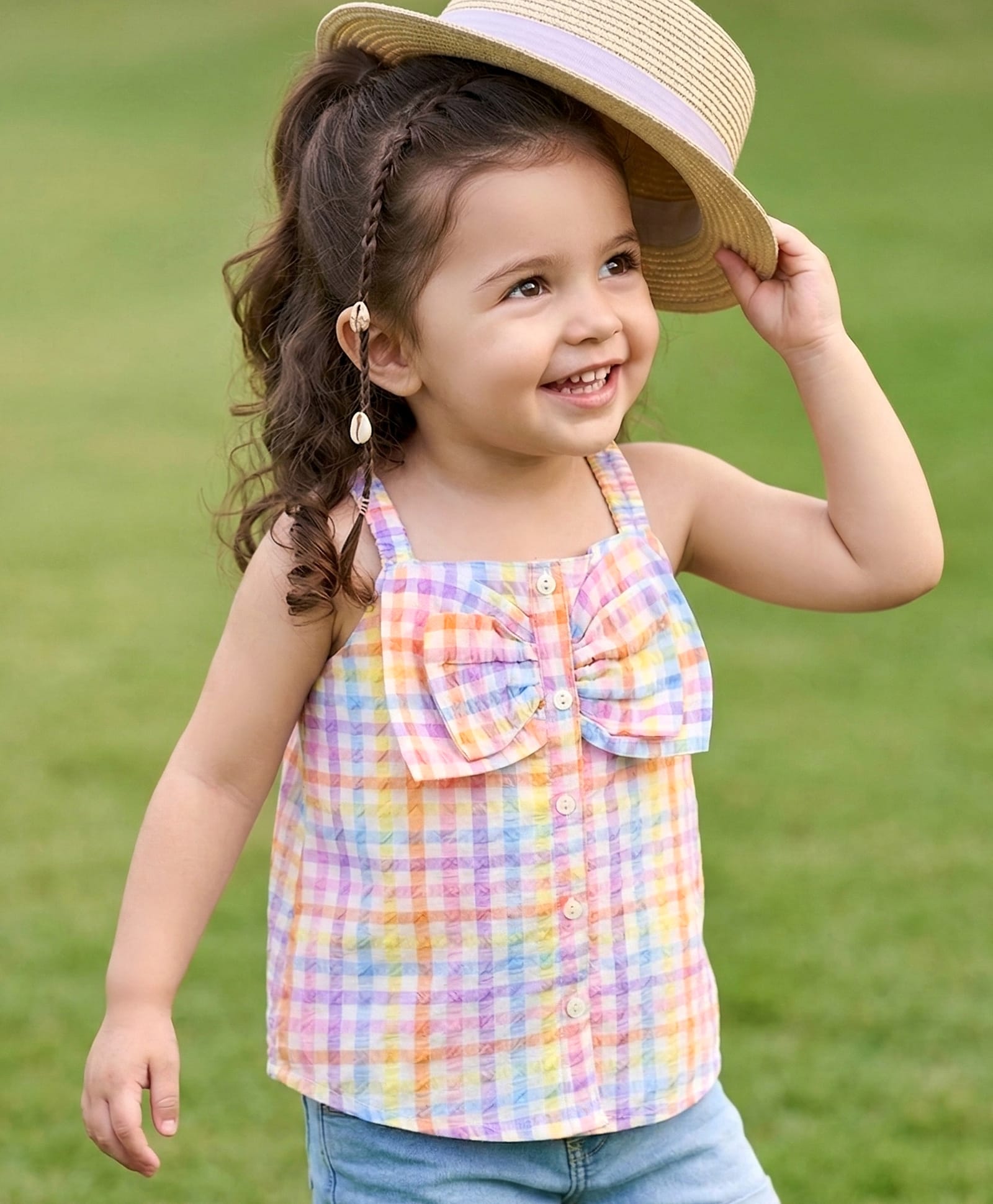 Babyhug Cotton Woven Sleeveless Front Open Checks Top With Bow Applique - Multicolor-image-37