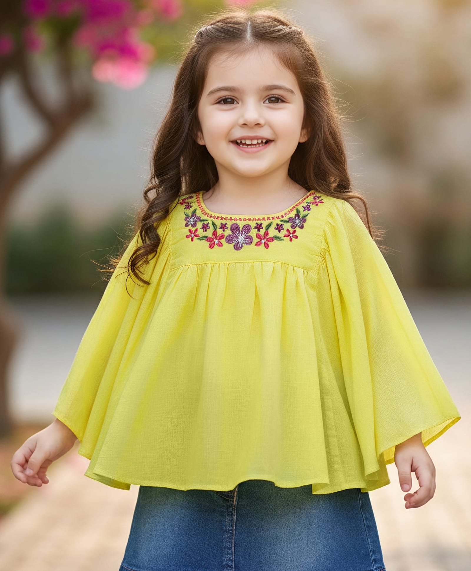 Babyhug Woven Full Sleeves Kaftan Style Top With Floral Embroidery - Yellow-image-14