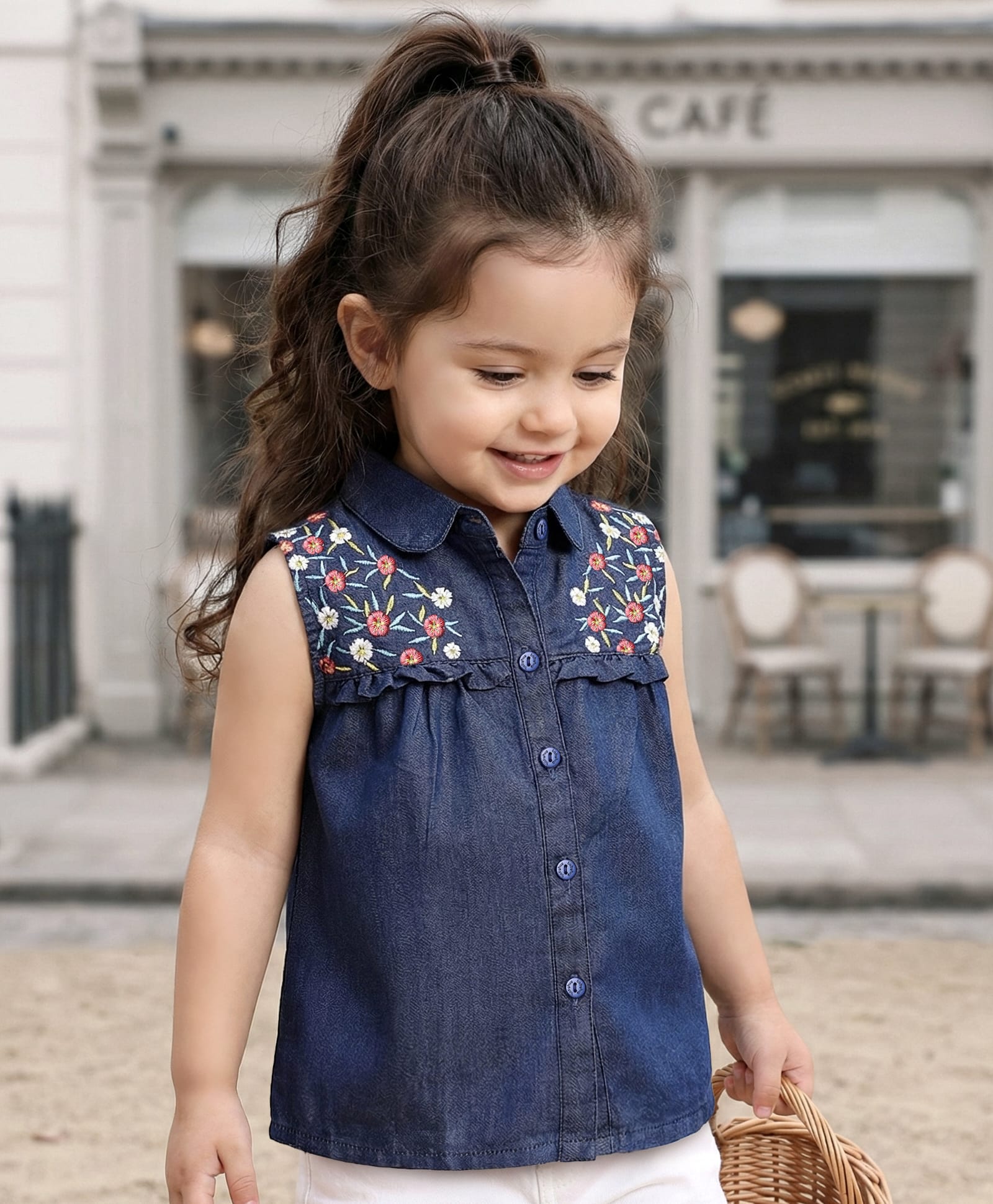 Babyhug Woven Sleeveless Floral Embroidered Denim Top - Navy Blue-image-47