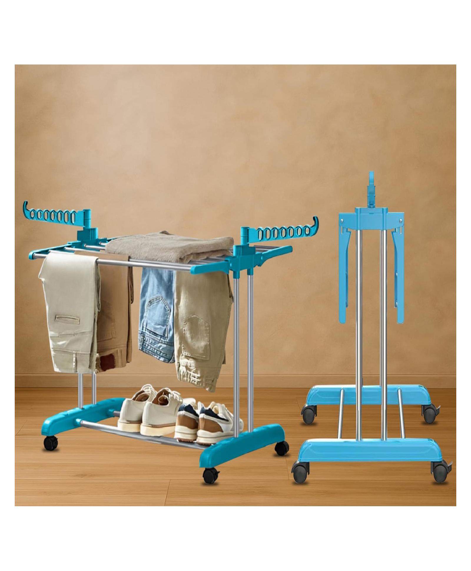 JD FRESH Stainless Steel 2 Tier Foldable Clothes Drying Stand for Home - Blue