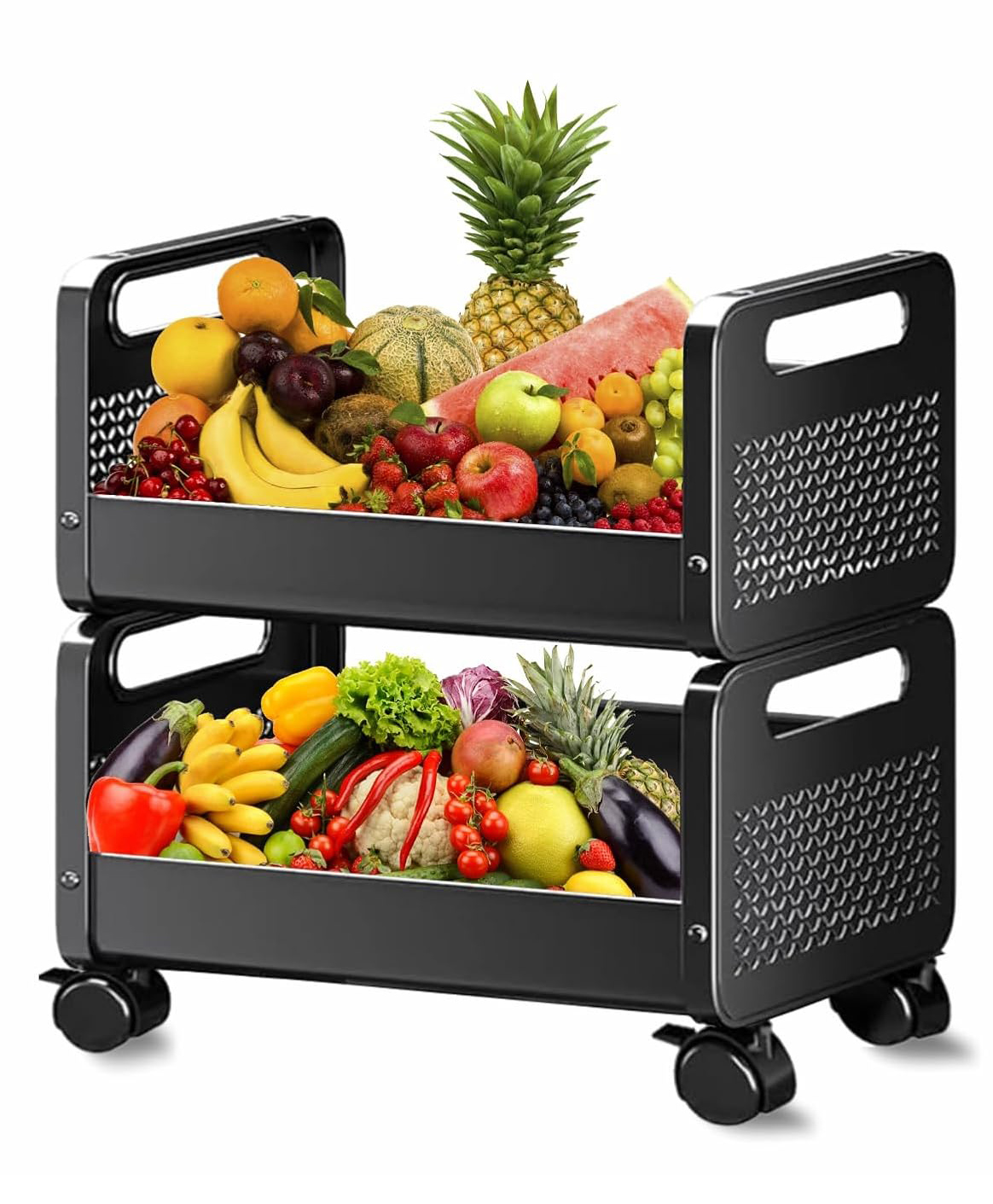 JD FRESH 2 Tier Rolling Metal Utility Cart with Lockable Wheels for kitchen - Black-image-26