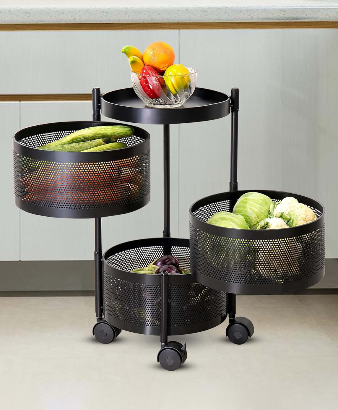 JD FRESH 3 Tier Metal Round Kitchen Rotating Trolley for Onion Potato Storage & Spice Rack - Black-image-3