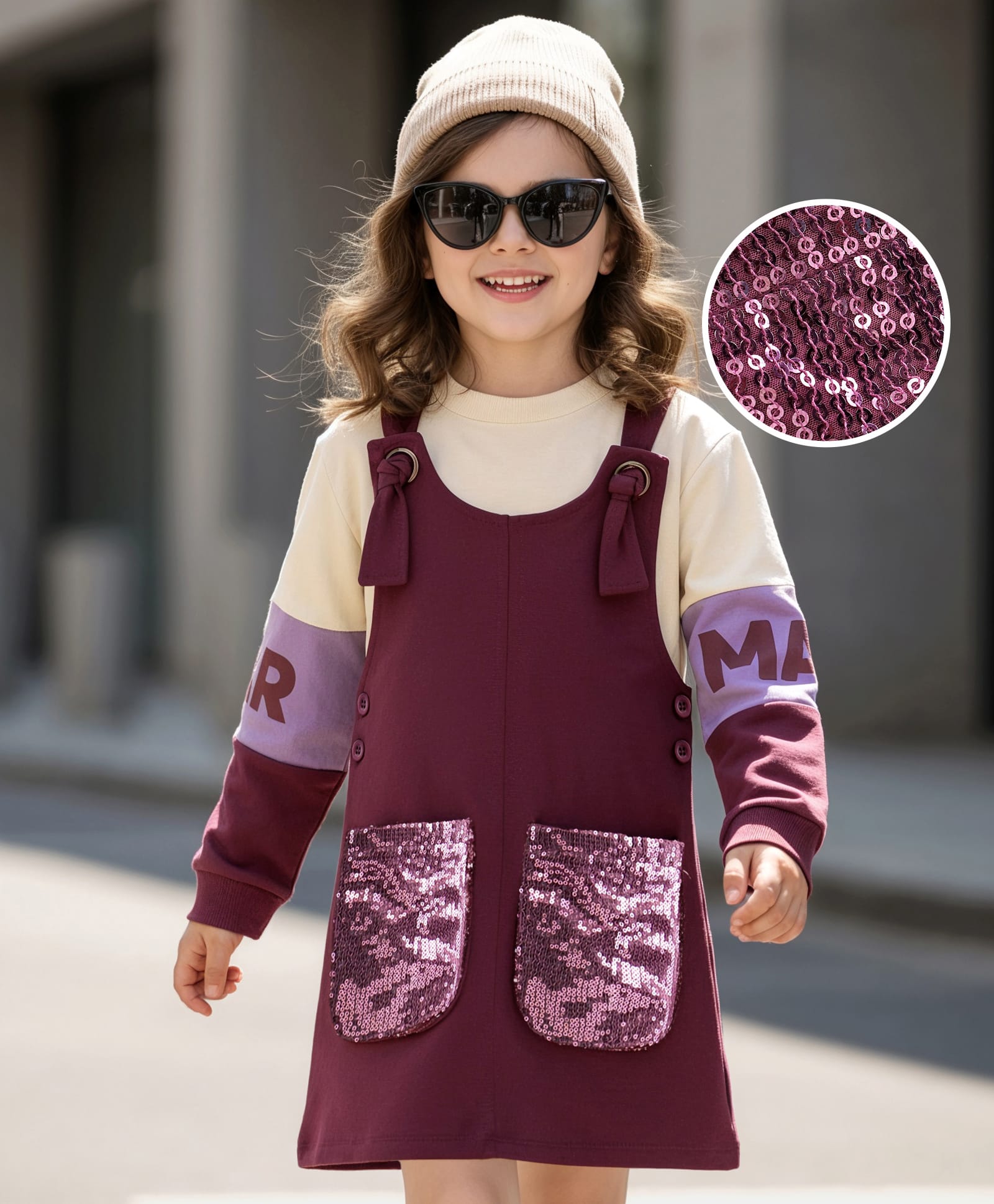 OLLINGTON ST. Cotton Full Sleeves Colorblocked Top & Knit Pinafore - Beige & Maroon-picture-17