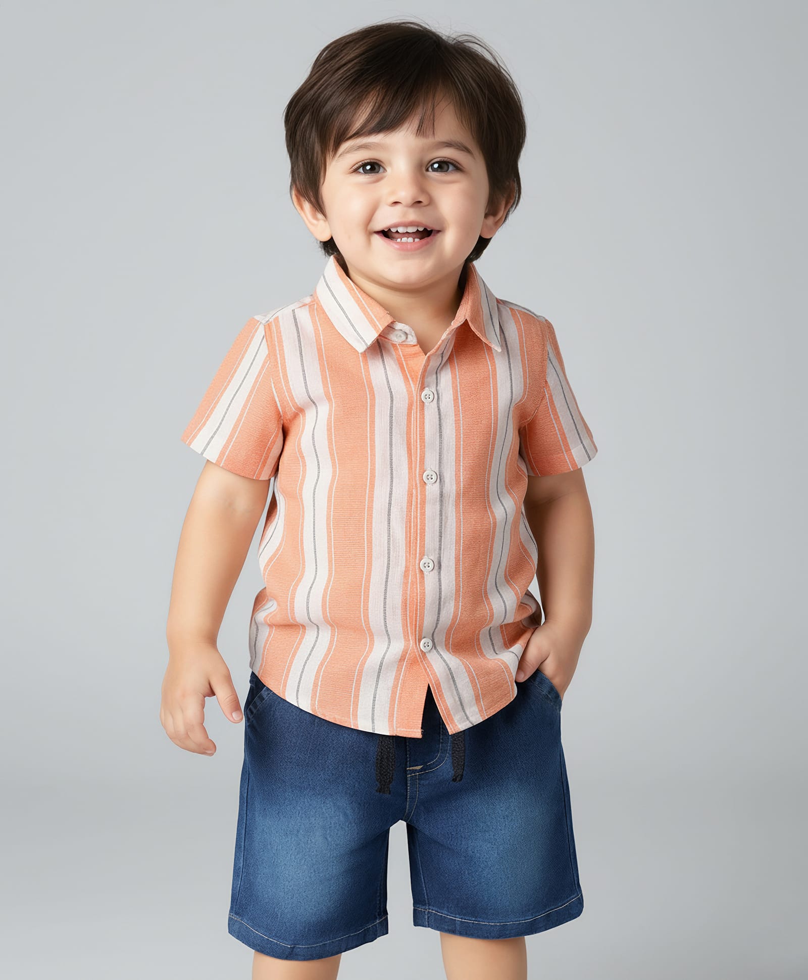 Babyhug Woven Half Sleeves Striped Shirt & Denim Shorts Set - Orange & Blue-image-19