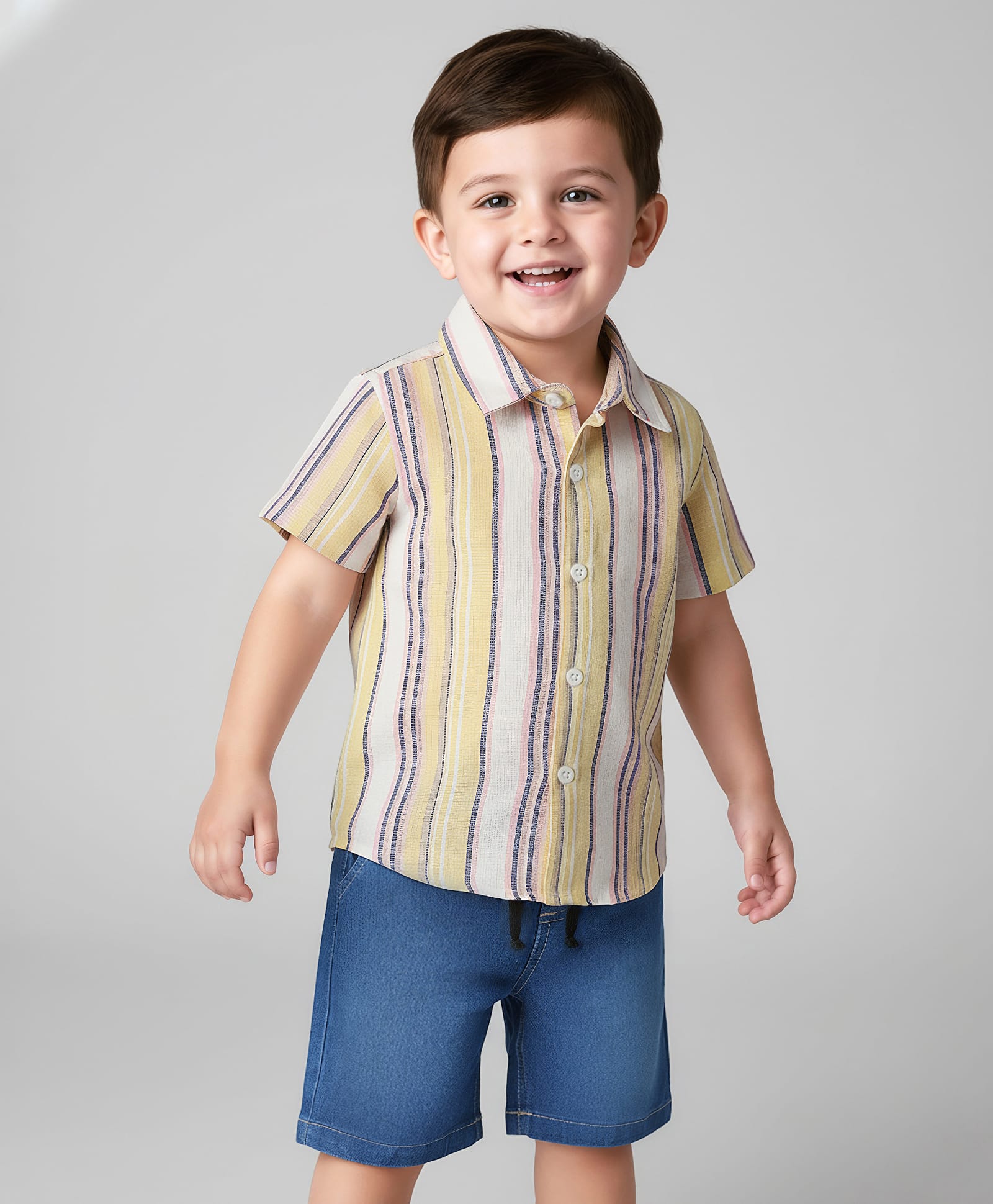 Babyhug Woven Half Sleeves Striped Shirt & Denim Shorts Set - Yellow & Blue-image-25