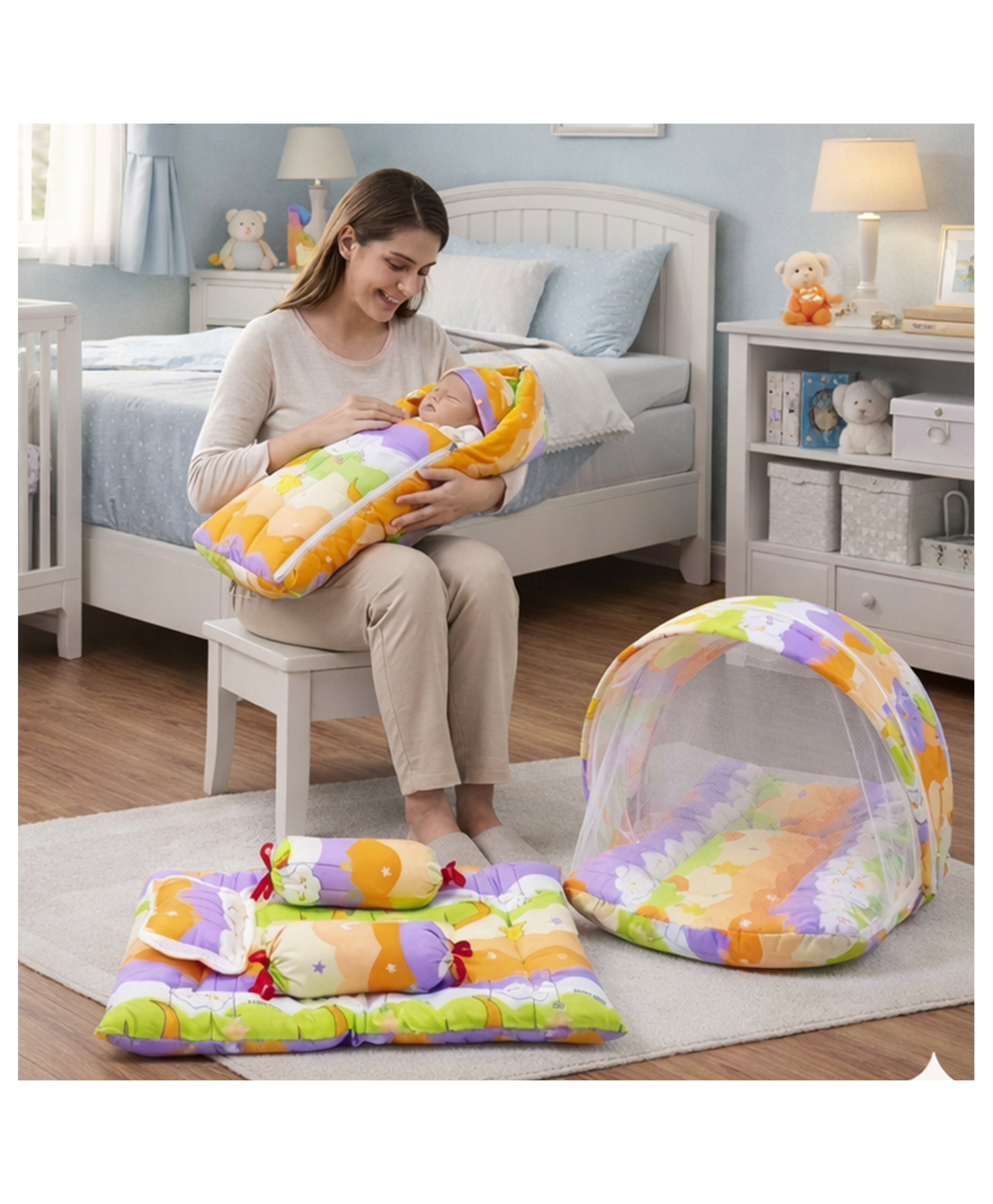 Fareto Combo of Baby Bed with Net Sleeping Bag 4 Pcs Bedding Set,Orange-image-39