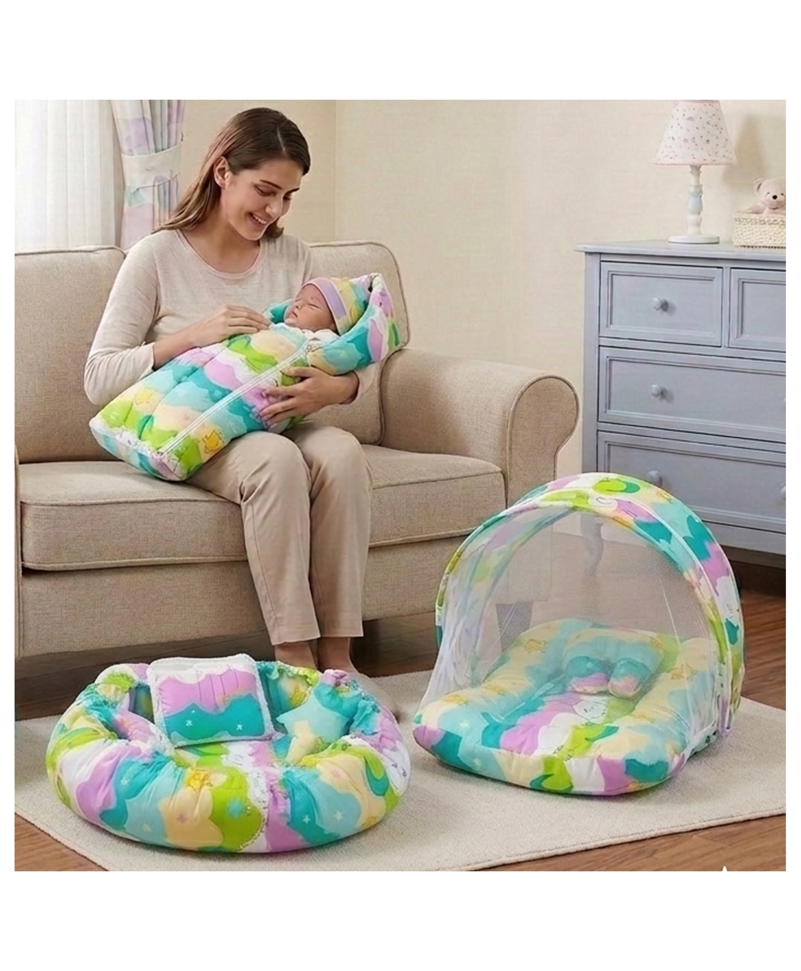 Fareto Combo of Baby Bed with Net Sleeping Bag Reversible Nest ,Pista Green-picture-12