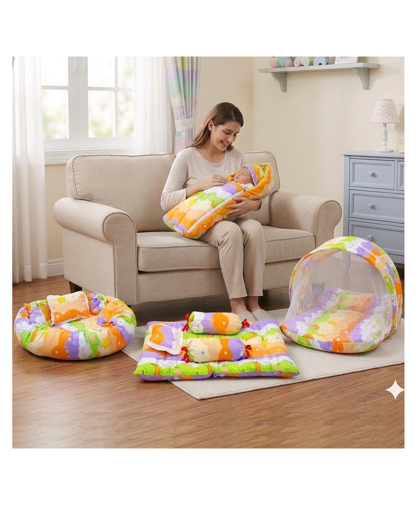 Fareto Combo of Baby Bed with Net Sleeping Bag 4 Pcs Bedding Set Nest set,Orange-image-38