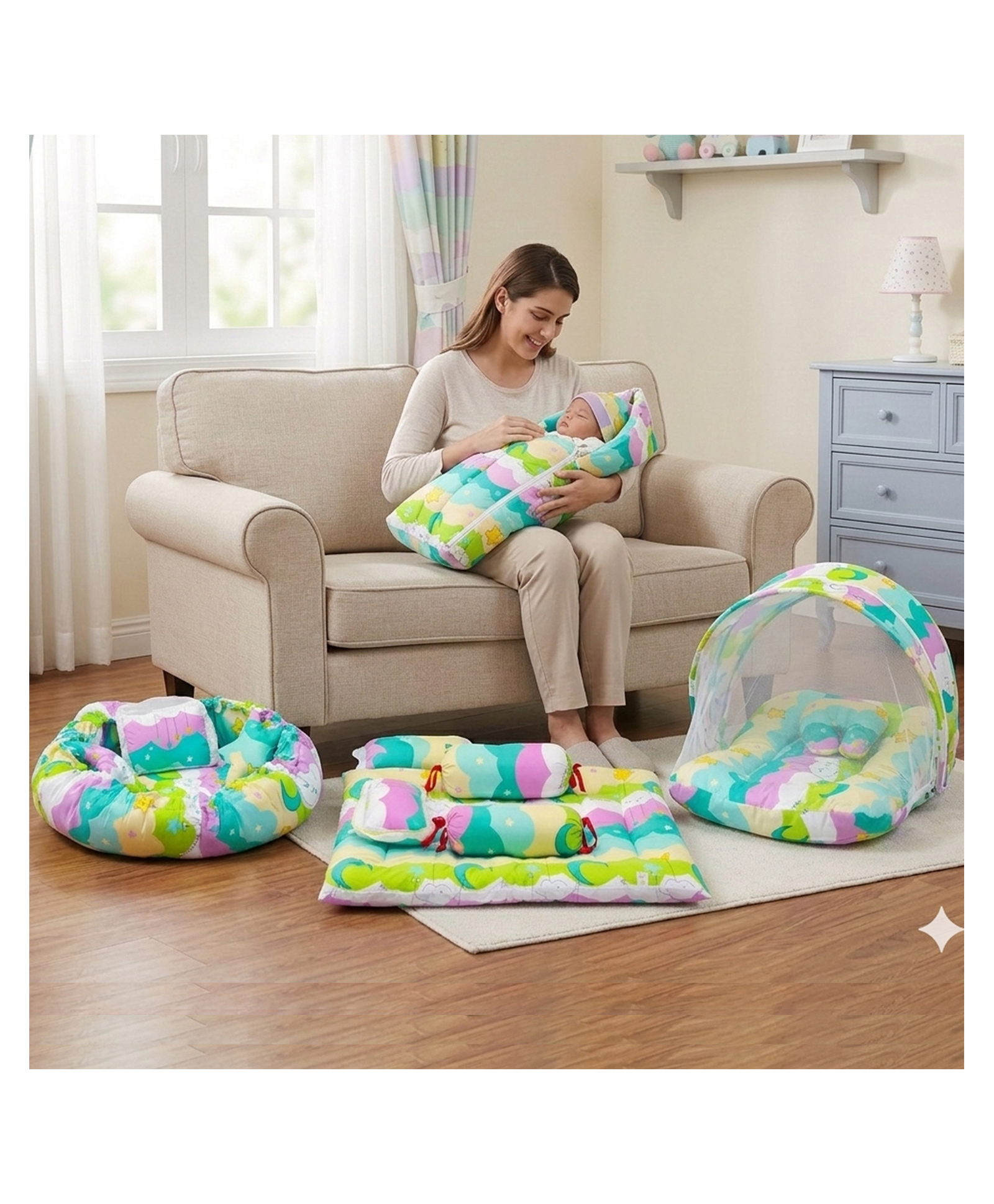 Fareto Combo of Baby Bed with Net Sleeping Bag 4 Pcs Bedding Set Nest set,Pista Green-image-15