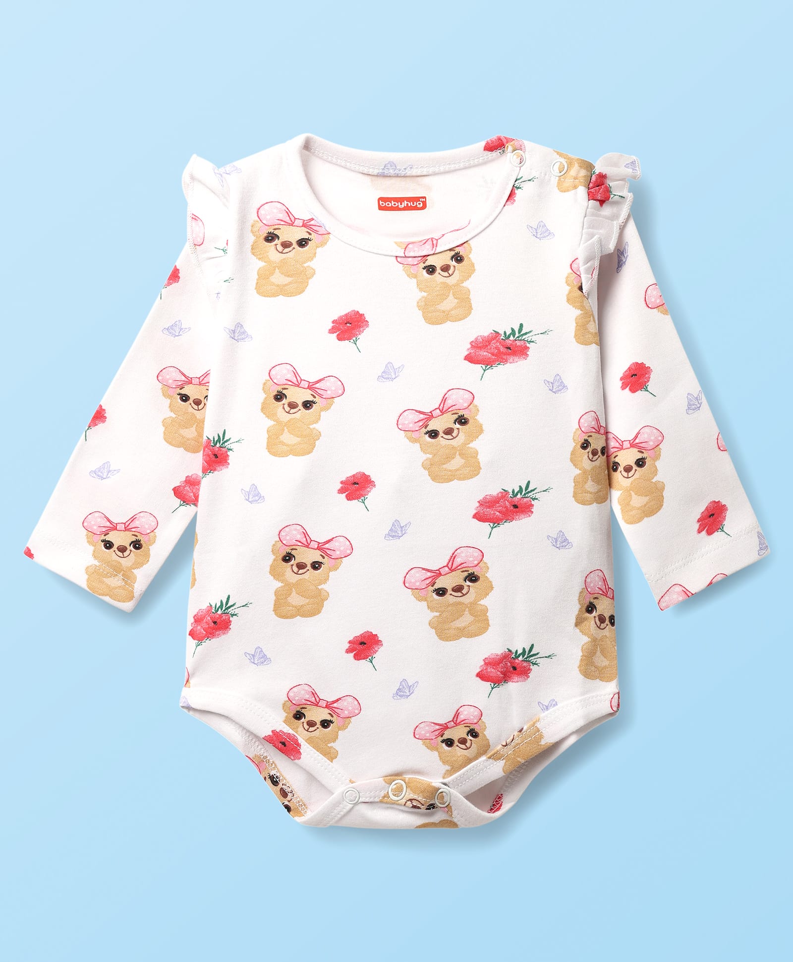 Babyhug 100% Cotton Interlock Knit Full Sleeves Onesie with Teddy & Floral Print - White-image-17