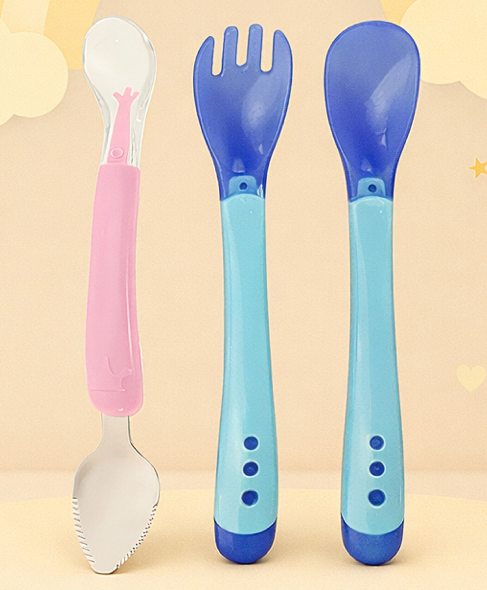 The Cheeky Kidzz Baby Double Head Bendable Silicone Steel Scrapper Spoon with Heat Sensitive Spoon Fork Set For Babies BPA Free (MULTICOLOURS)-image-7