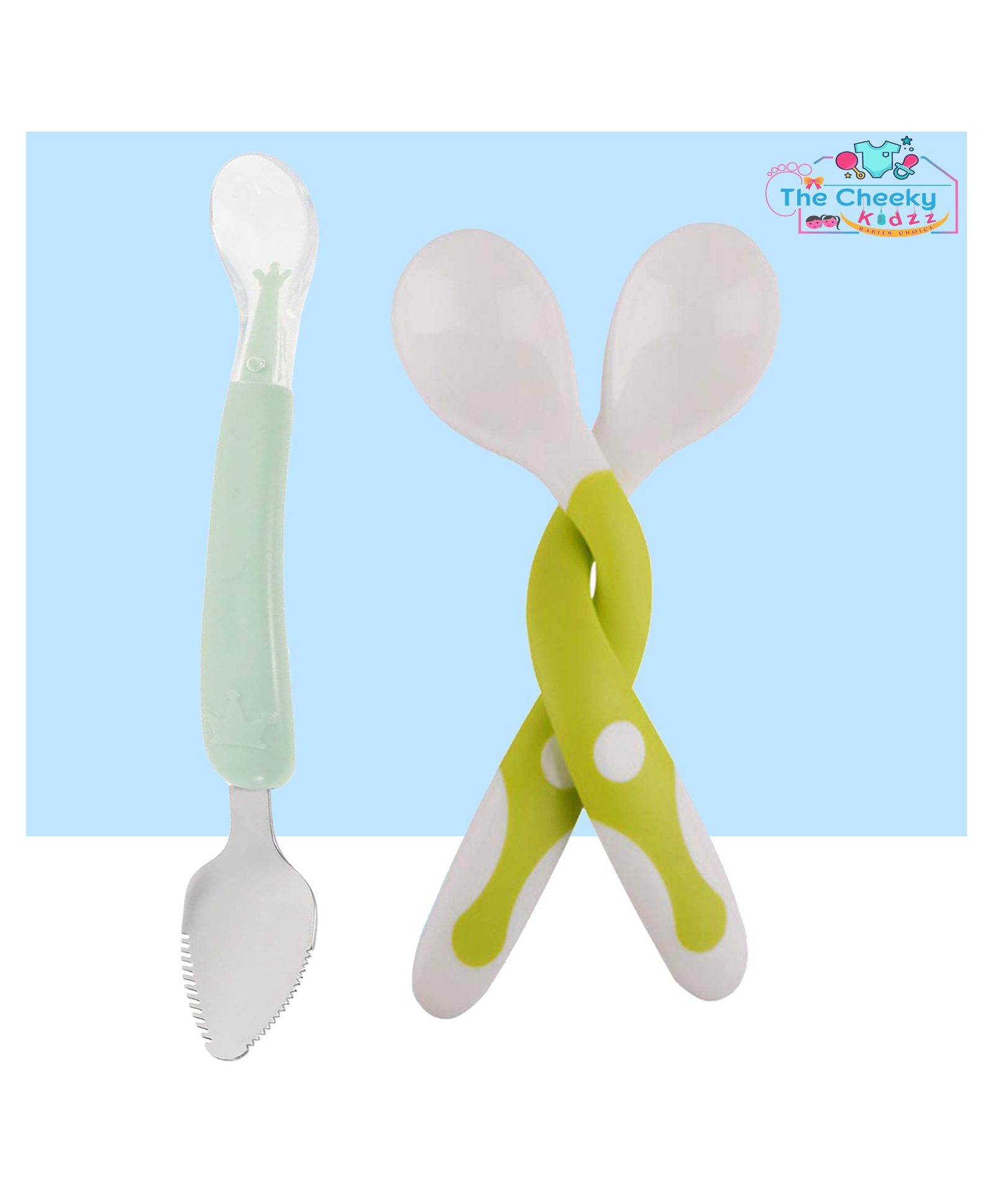 The Cheeky Kidzz Baby Double Head Steel Scraper Silicone Spoon With Soft Silicone Bendable Spoon Fork Set for Kids BPA Free (Green)-image-20