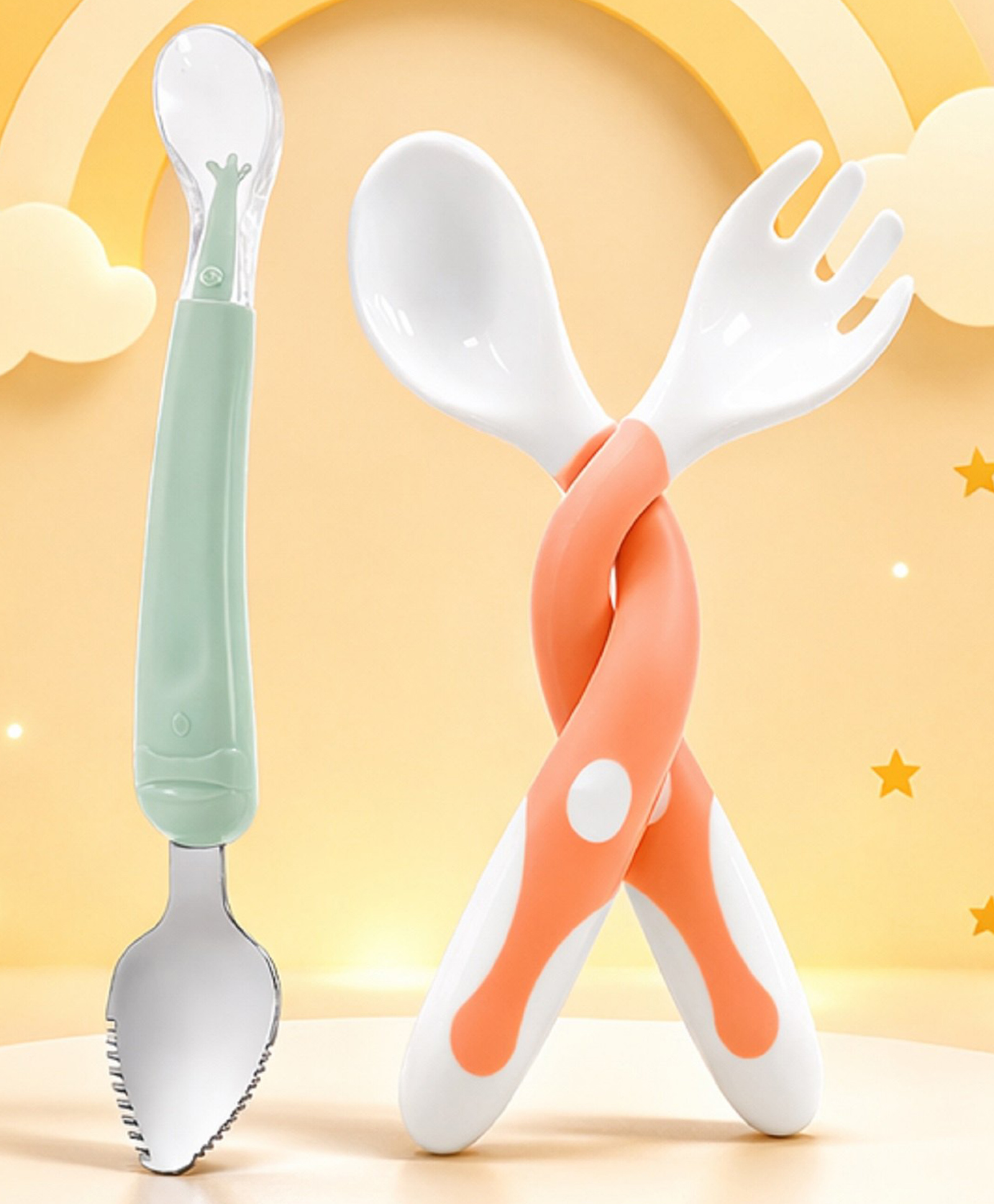 The Cheeky Kidzz Baby Double Head Steel Scraper Silicone Spoon With Soft Silicone Bendable Spoon Fork Set for Kids BPA Free (MULTICOLOUR)-picture-27