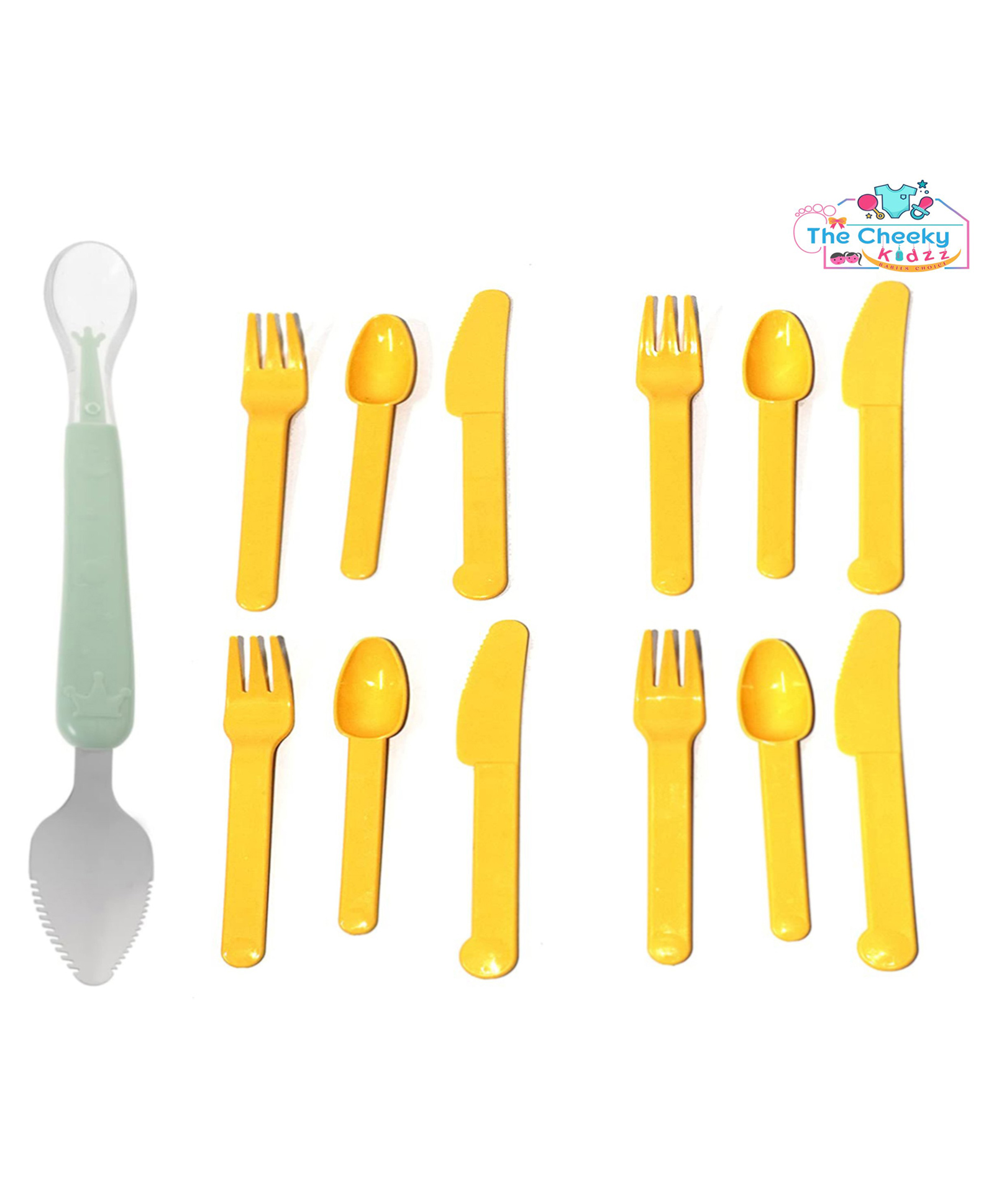 The Cheeky Kidzz Baby Double Head Silicone Spoon Bendable Steel Scraper With 12 Pieces Spoon Fork Knife Set For Babies BPA Free(Green & Yellow)-image-3