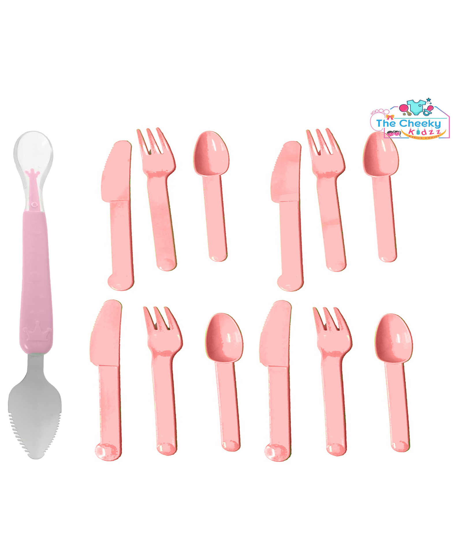 The Cheeky Kidzz Baby Double Head Silicone Spoon Bendable Steel Scraper With 12 Pieces Spoon Fork Knife Set For Babies BPA Free(PINK)-picture-11