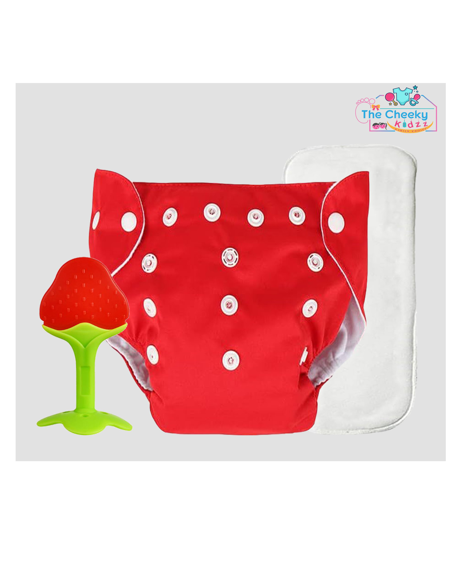 The Cheeky Kidzz Baby Pocket Style Button Reusable Cloth Diaper With Bamboo Microfiber Insert With Soft Silicone Teether Shower Gift (RED)-image-49