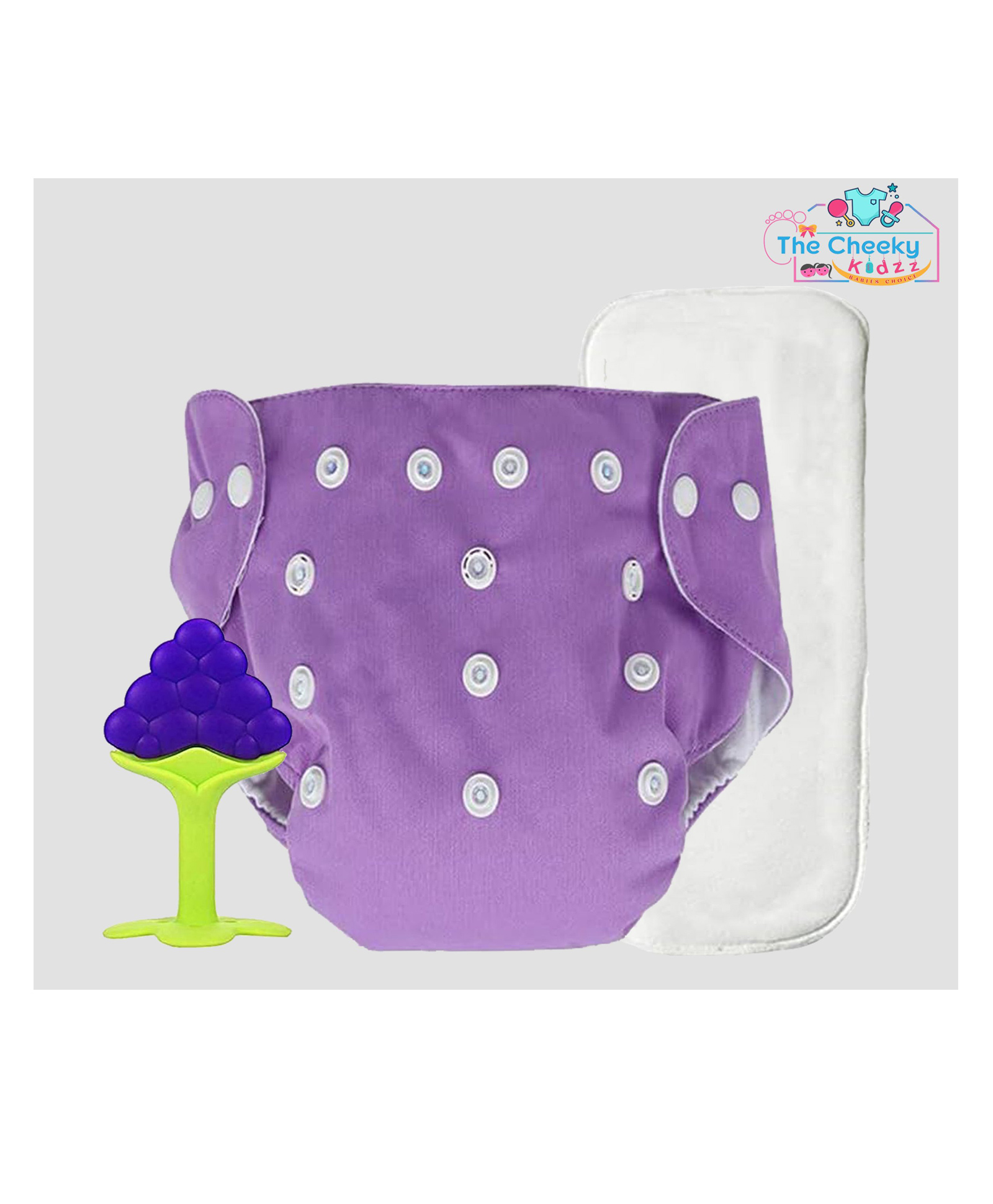 The Cheeky Kidzz Baby Pocket Style Button Reusable Cloth Diaper With Bamboo Microfiber Insert With Soft Silicone Teether Shower Gift (PURPLE)-image-40