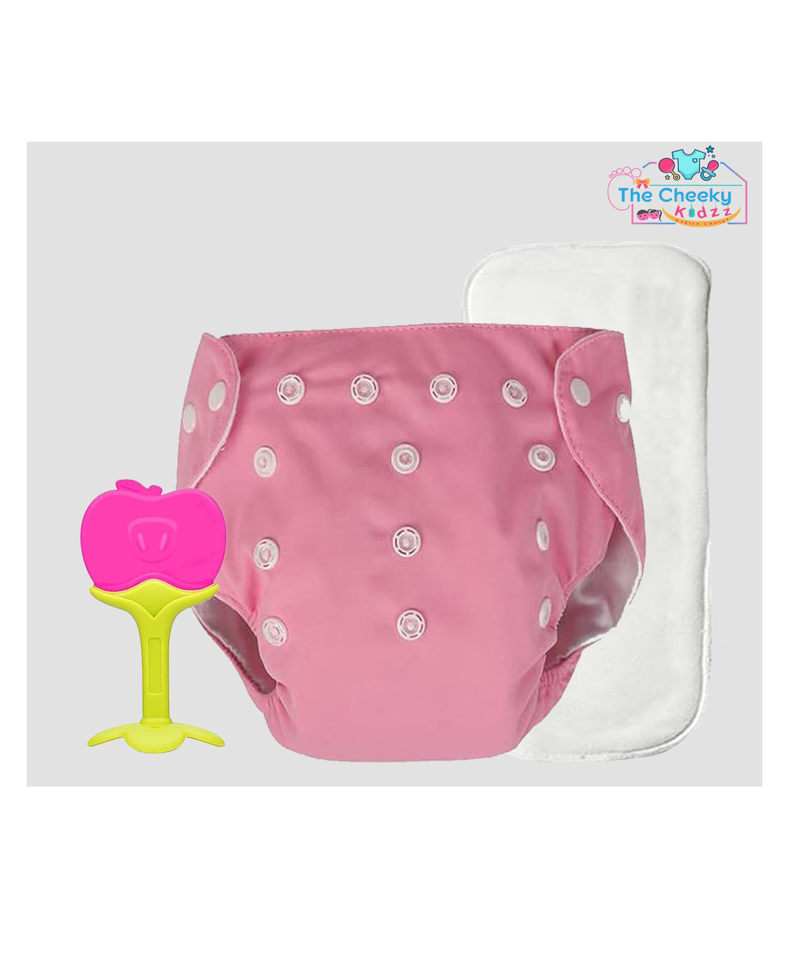 The Cheeky Kidzz Baby Pocket Style Button Reusable Cloth Diaper With Bamboo Microfiber Insert With Soft Silicone Teether Shower Gift (PINK)-image-41