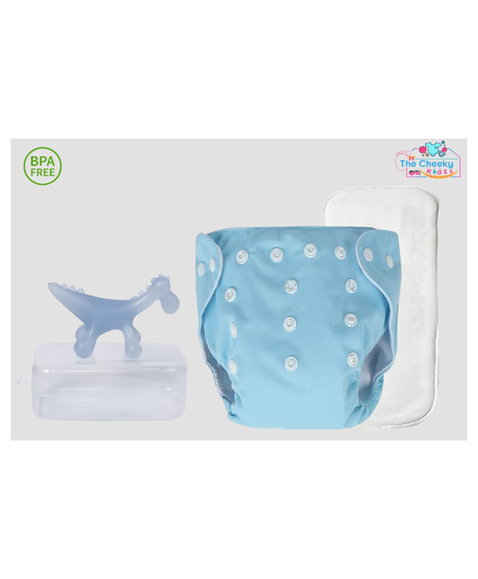 The Cheeky Kidzz Baby Pocket Style Button Reusable Cloth Diaper With Bamboo Microfiber Insert With Soft Silicone Animal Teether Shower Gift (BLUE)-image-41