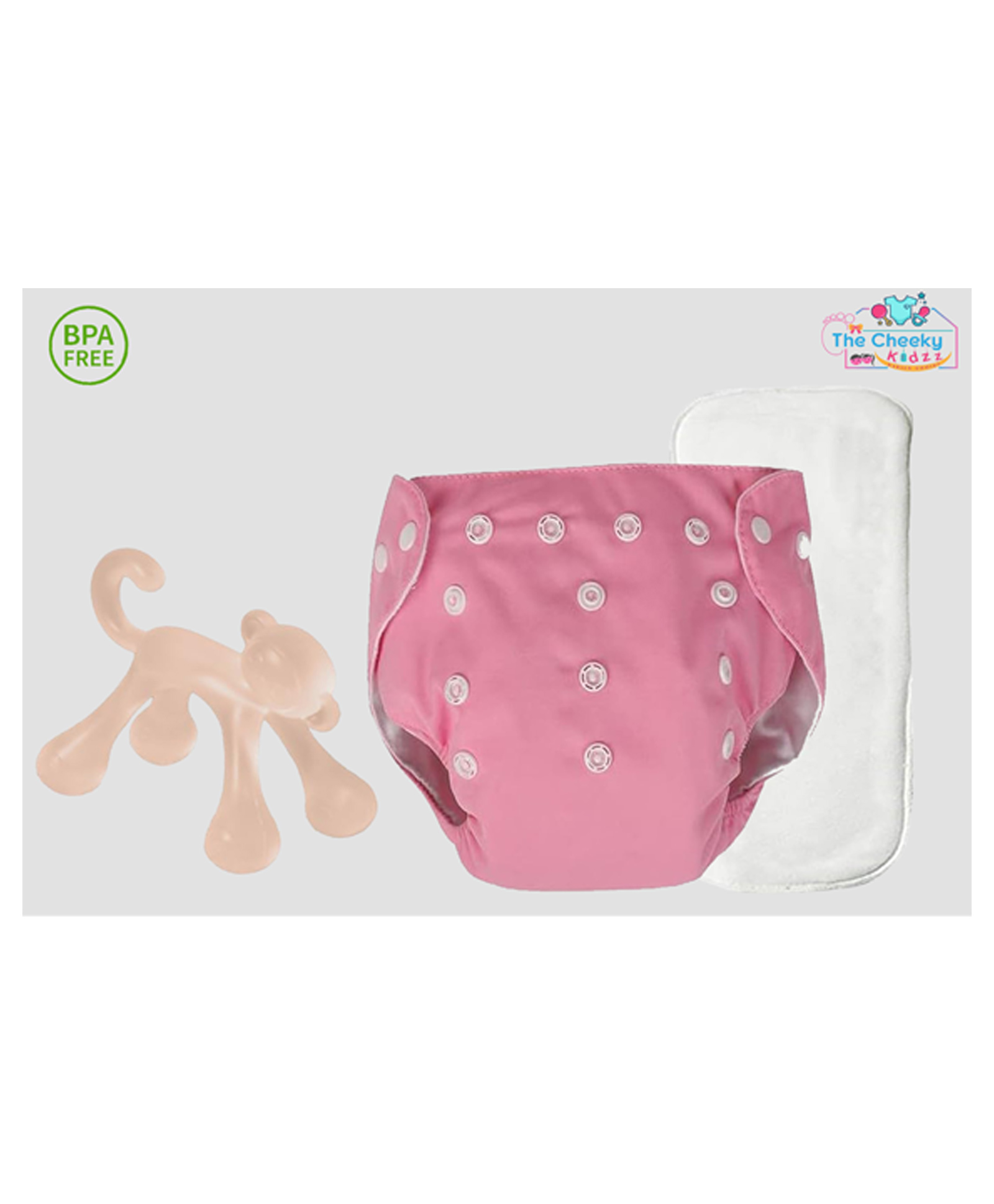 The Cheeky Kidzz Baby Pocket Style Button Reusable Cloth Diaper With Bamboo Microfiber Insert With Soft Silicone Animal Teether Shower Gift (PINK)-image-26