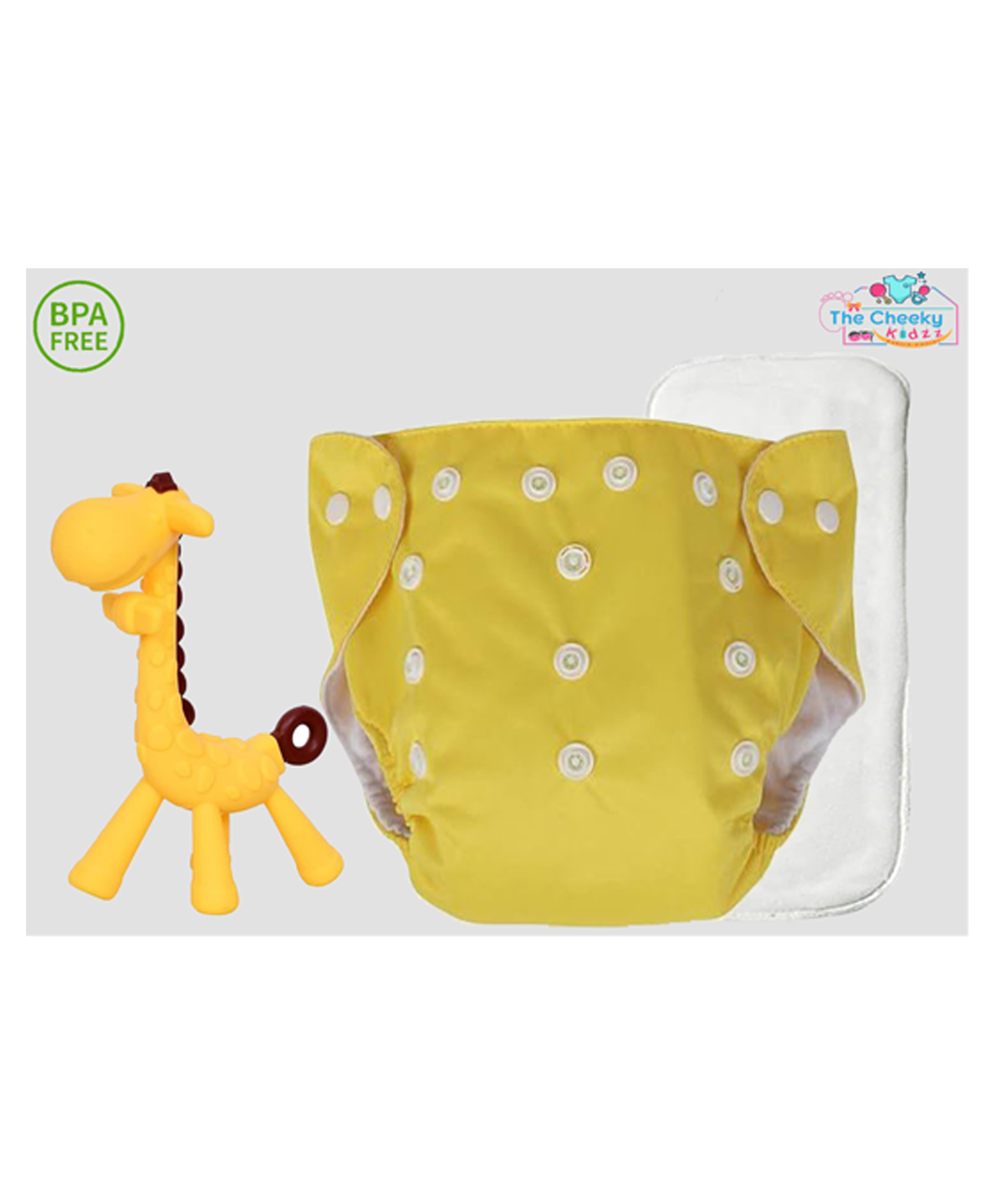 The Cheeky Kidzz Baby Pocket Style Button Reusable Cloth Diaper With Bamboo Microfiber Insert With Soft Silicone Giraffe Teether BPA Free (MULTI-COLOURS)-image-49