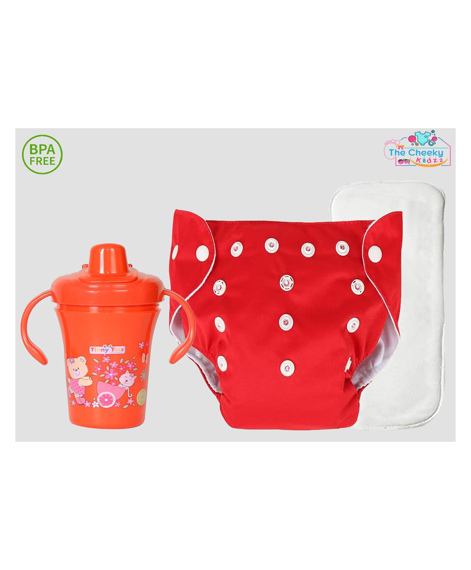 The Cheeky Kidzz Baby 1 Pocket Style Button Reusable Cloth Diaper Nappy With Bamboo Microfiber Insert With 250ml Spout Sipper Feeder BPA Free (Red)-image-1