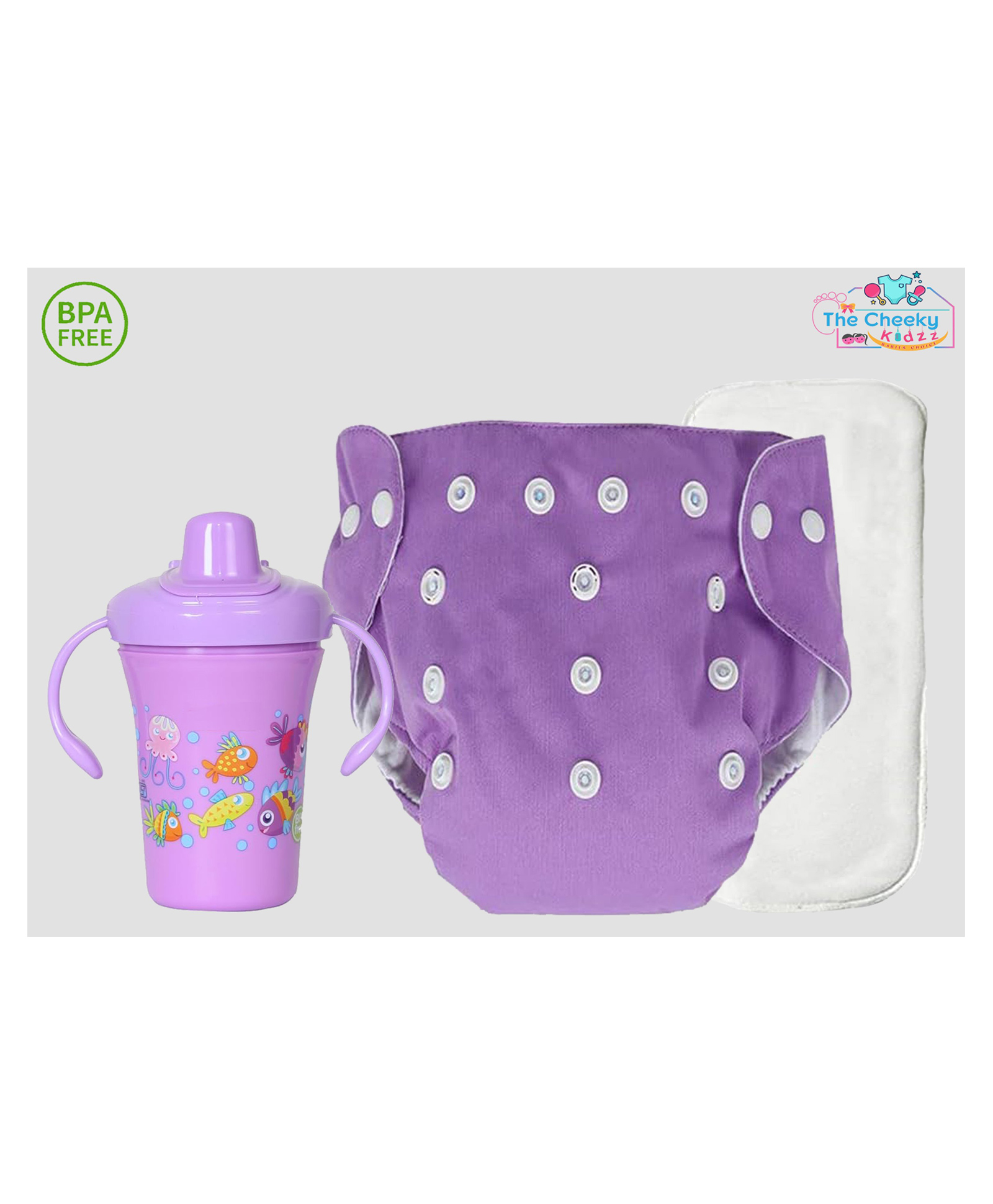 The Cheeky Kidzz Baby 1 Pocket Style Button Reusable Cloth Diaper Nappy With Bamboo Microfiber Insert With 250ml Spout Sipper Feeder BPA Free (Purple)-image-2