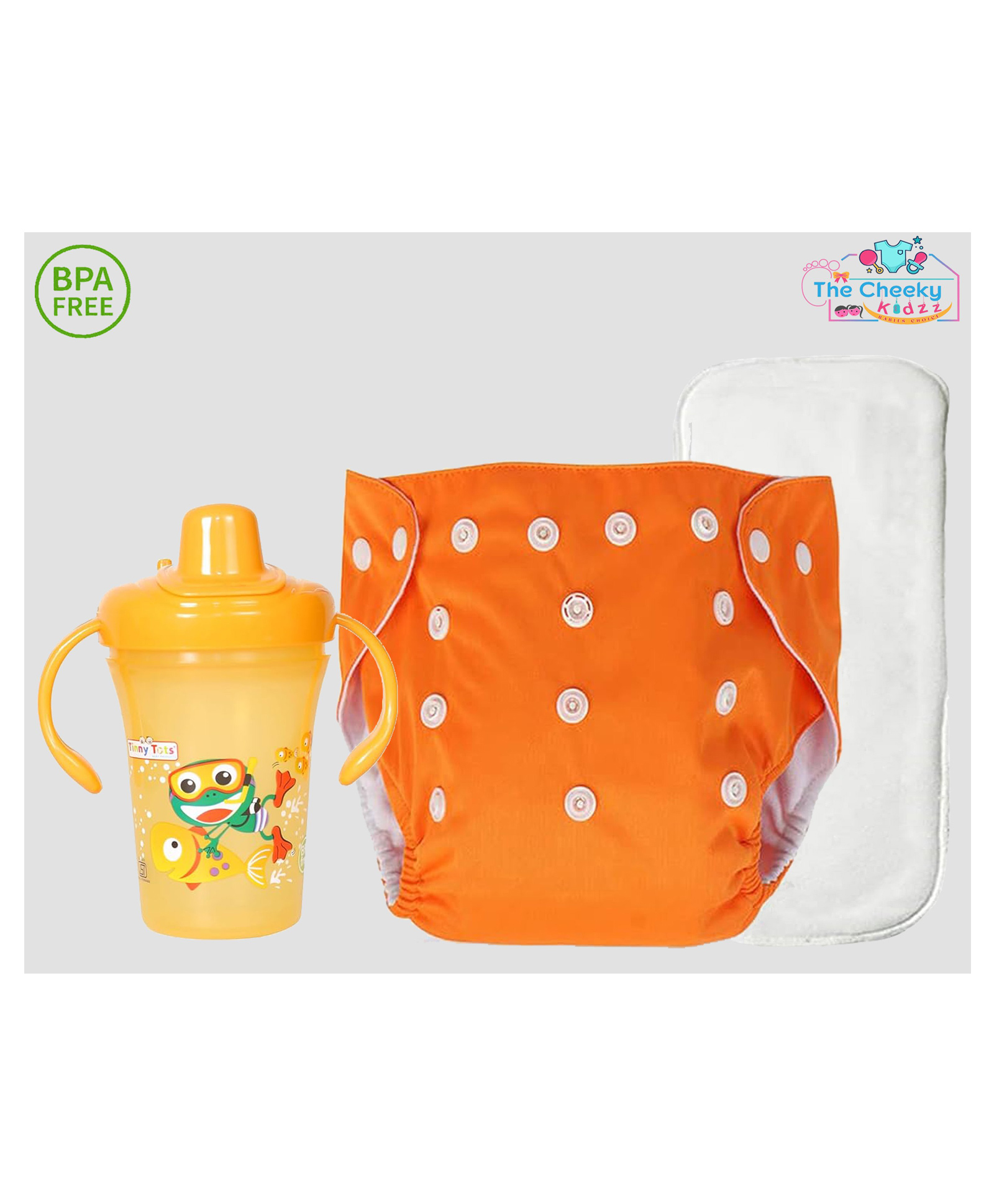 The Cheeky Kidzz Baby 1 Pocket Style Button Reusable Cloth Diaper Nappy With Bamboo Microfiber Insert With 250ml Spout Sipper Feeder BPA Free (Orange)-image-5