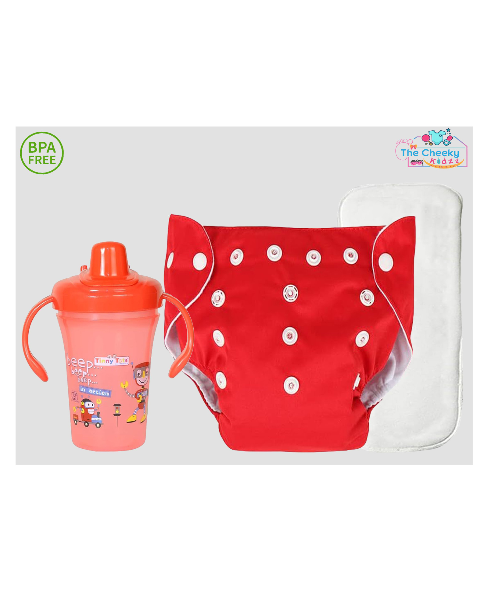 The Cheeky Kidzz Baby 1 Pocket Style Button Reusable Cloth Diaper Nappy With Bamboo Microfiber Insert With 250ml Spout Sipper Feeder BPA Free (Assorted)-image-6
