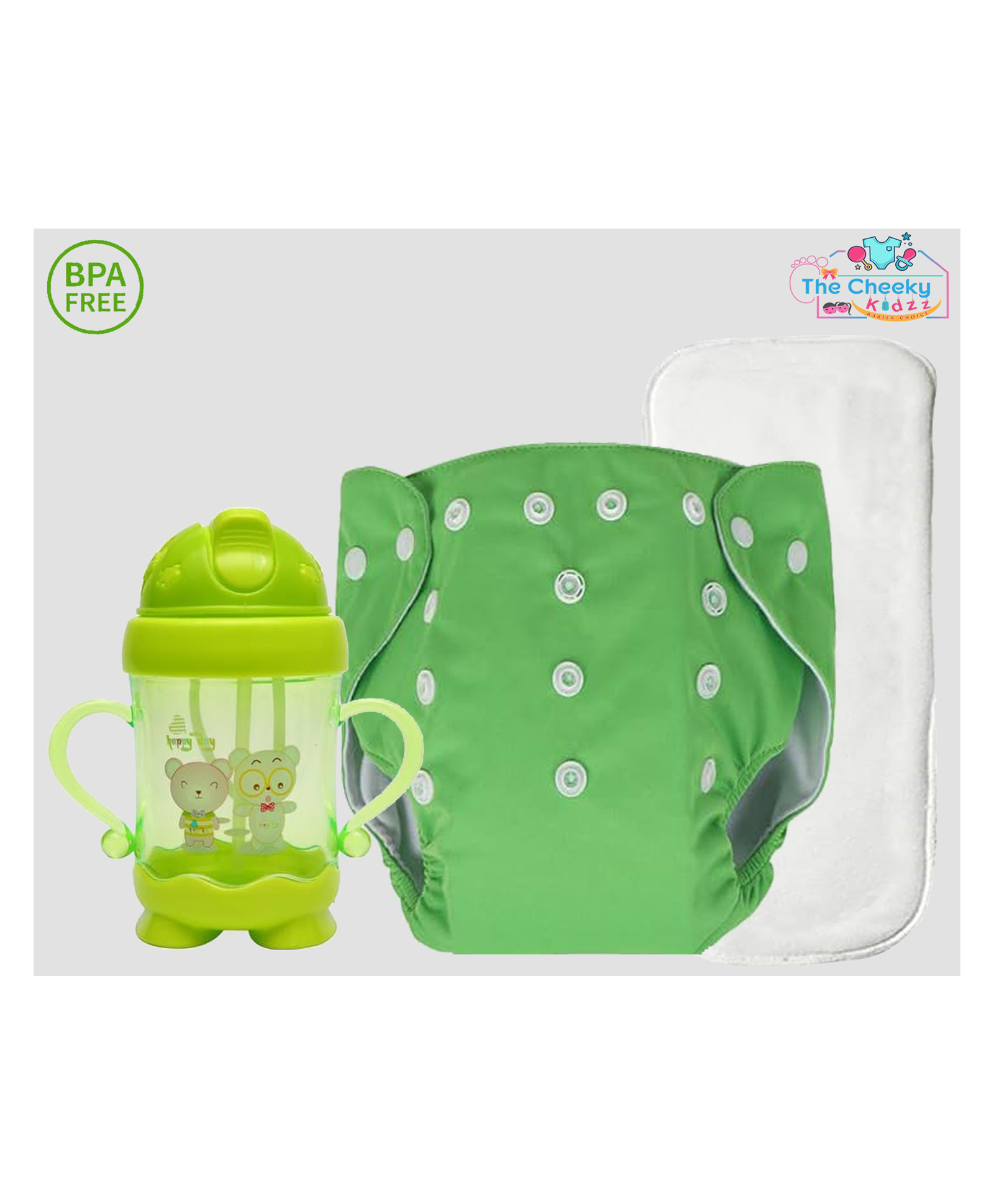The Cheeky Kidzz Baby 1 Pocket Style Button Reusable Cloth Diaper Nappy With Bamboo Microfiber Insert With 200ml Straw Sipper Feeder BPA Free-image-7