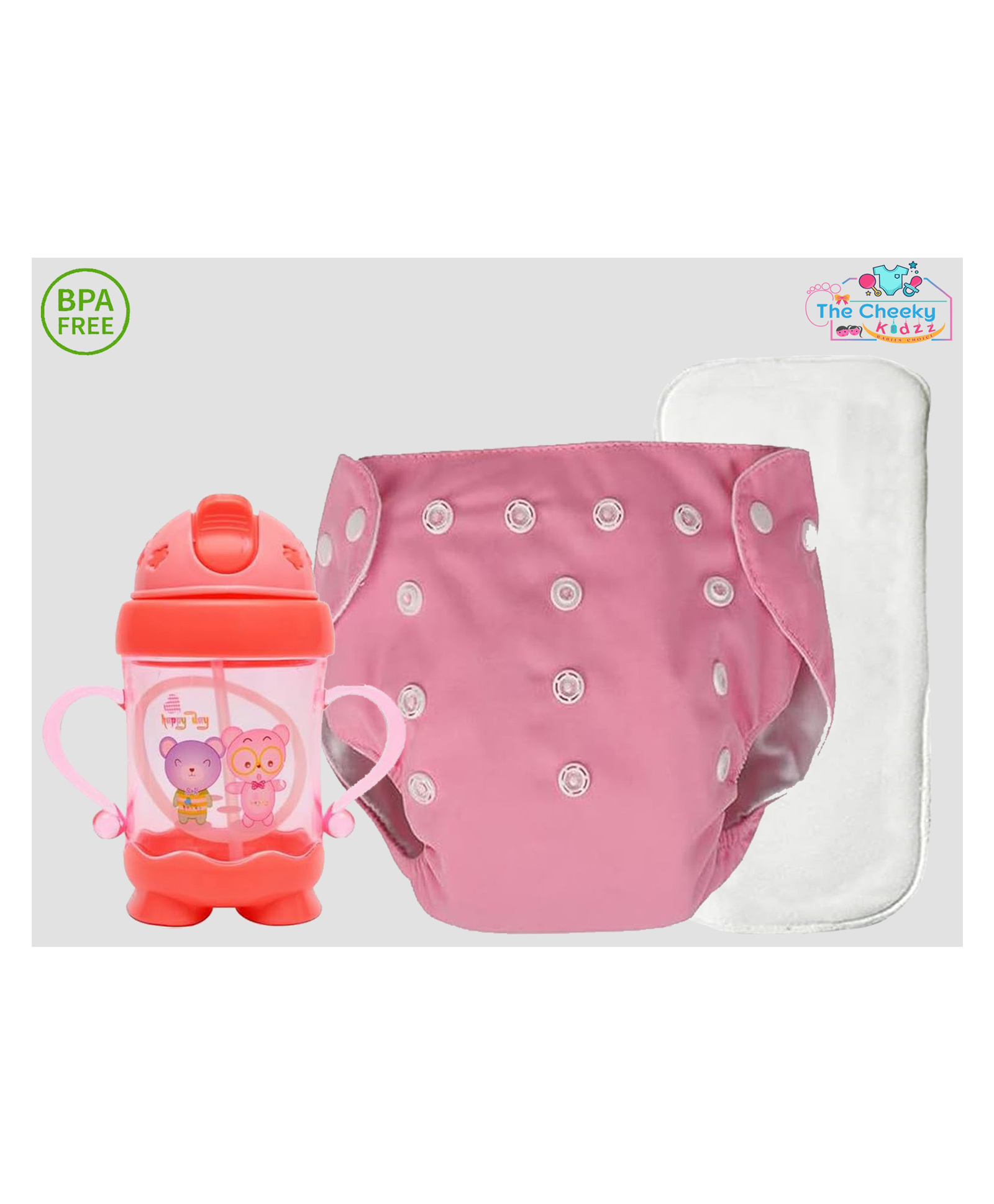 The Cheeky Kidzz Baby 1 Pocket Style Button Reusable Cloth Diaper Nappy With Bamboo Microfiber Insert With 200ml Straw Sipper Feeder BPA Free-image-8