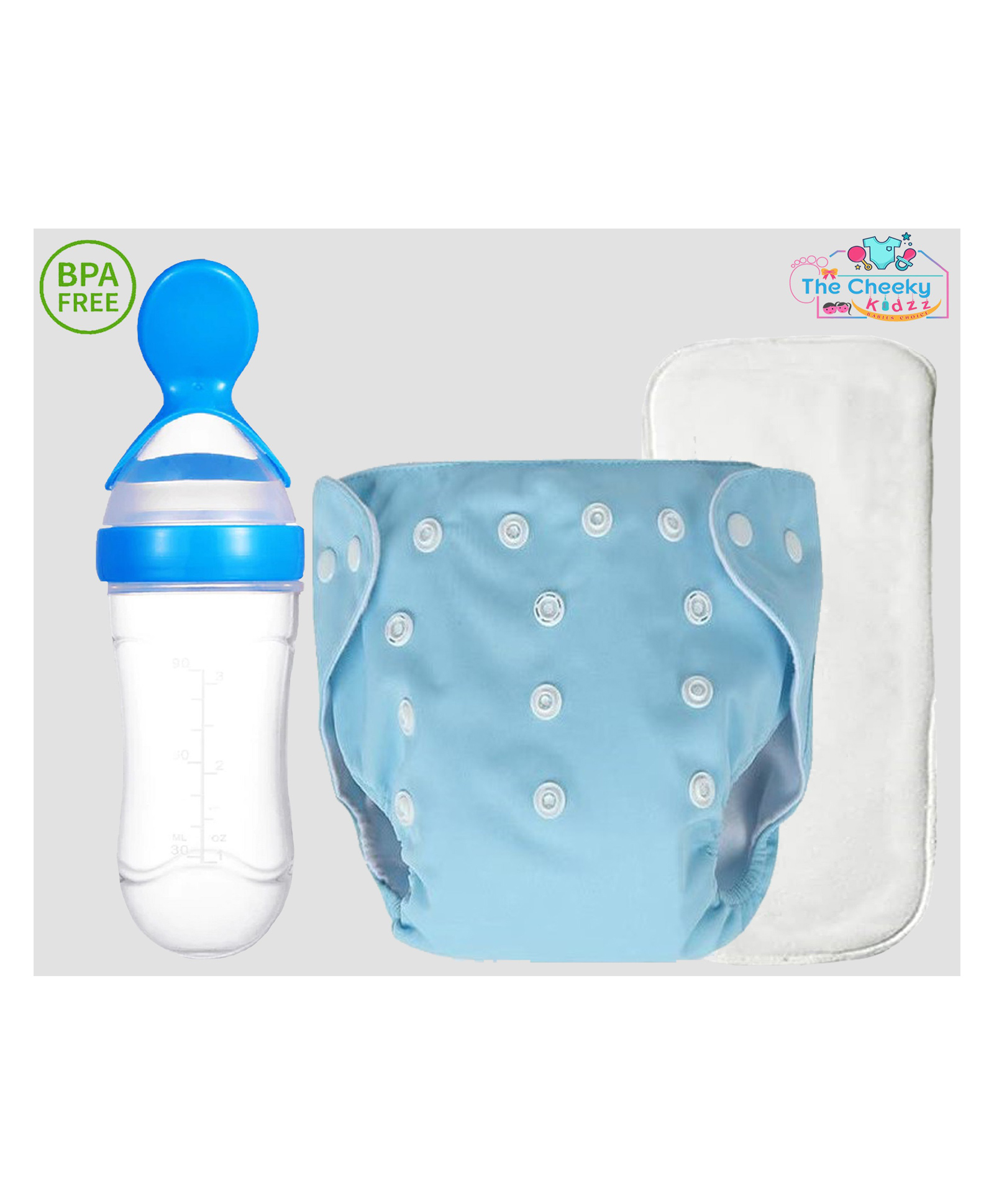 The Cheeky Kidzz Baby Pocket Style Button Reusable Cloth Diaper Nappy With Bamboo Microfiber Insert With Squeeze Spoon Feeding Bottle BPA Free Blue-image-46