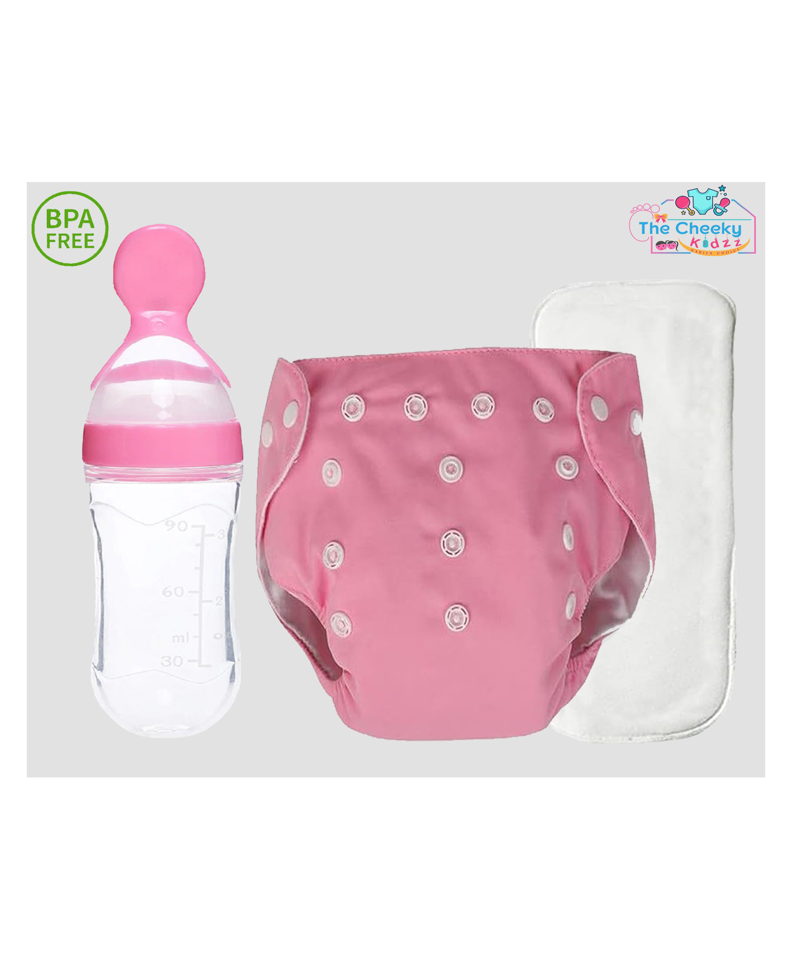 The Cheeky Kidzz Baby Pocket Style Button Reusable Cloth Diaper Nappy With Bamboo Microfiber Insert With Squeeze Spoon Feeding Bottle BPA Free Pink-image-28