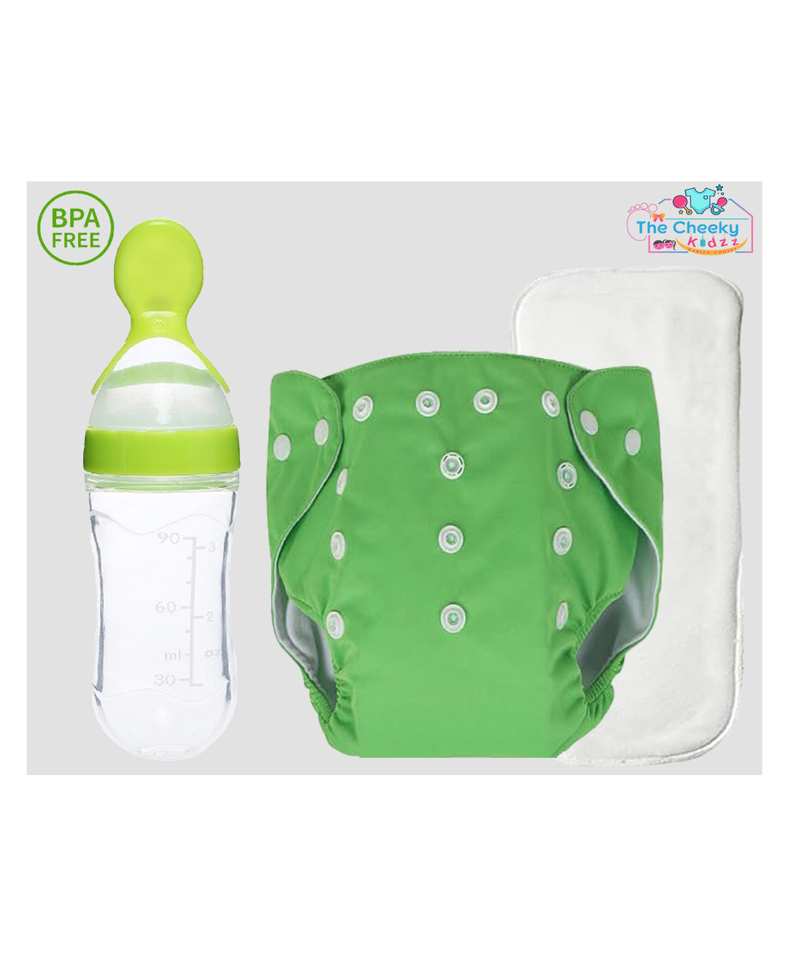 The Cheeky Kidzz Baby Pocket Style Button Reusable Cloth Diaper Nappy With Bamboo Microfiber Insert With Squeeze Spoon Feeding Bottle BPA Free - Green-image-29