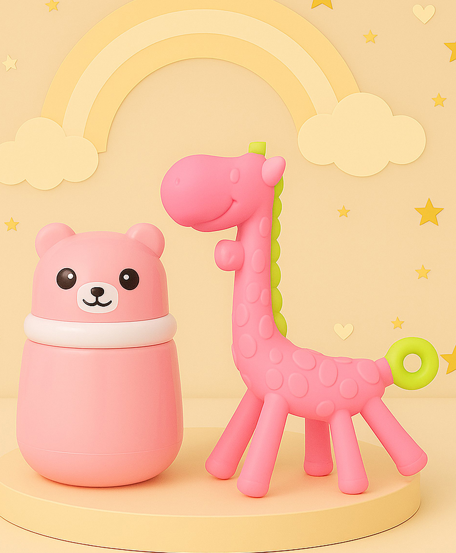 The Cheeky Kidzz Baby Skin Care Powder Talcum Puff Case Cum Container Box With Soft Silicone Giraffe Teething Toy BPA Free For Babies (PINK)-picture-15