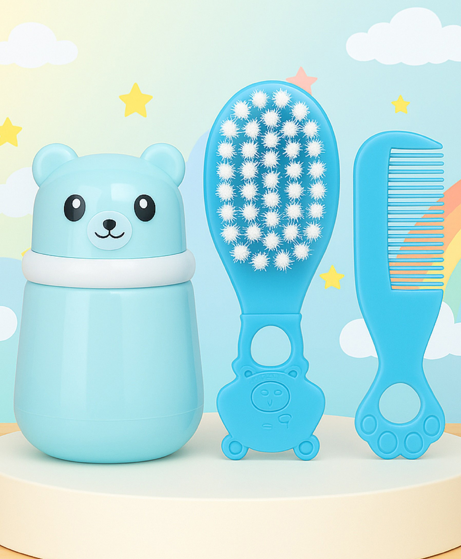 The Cheeky Kidzz Baby Skin Care Powder Talcum Puff Case Container Box With Soft Bristles Hair Bear Comb Brush For Babies First Shower Gift (BLUE)-picture-27