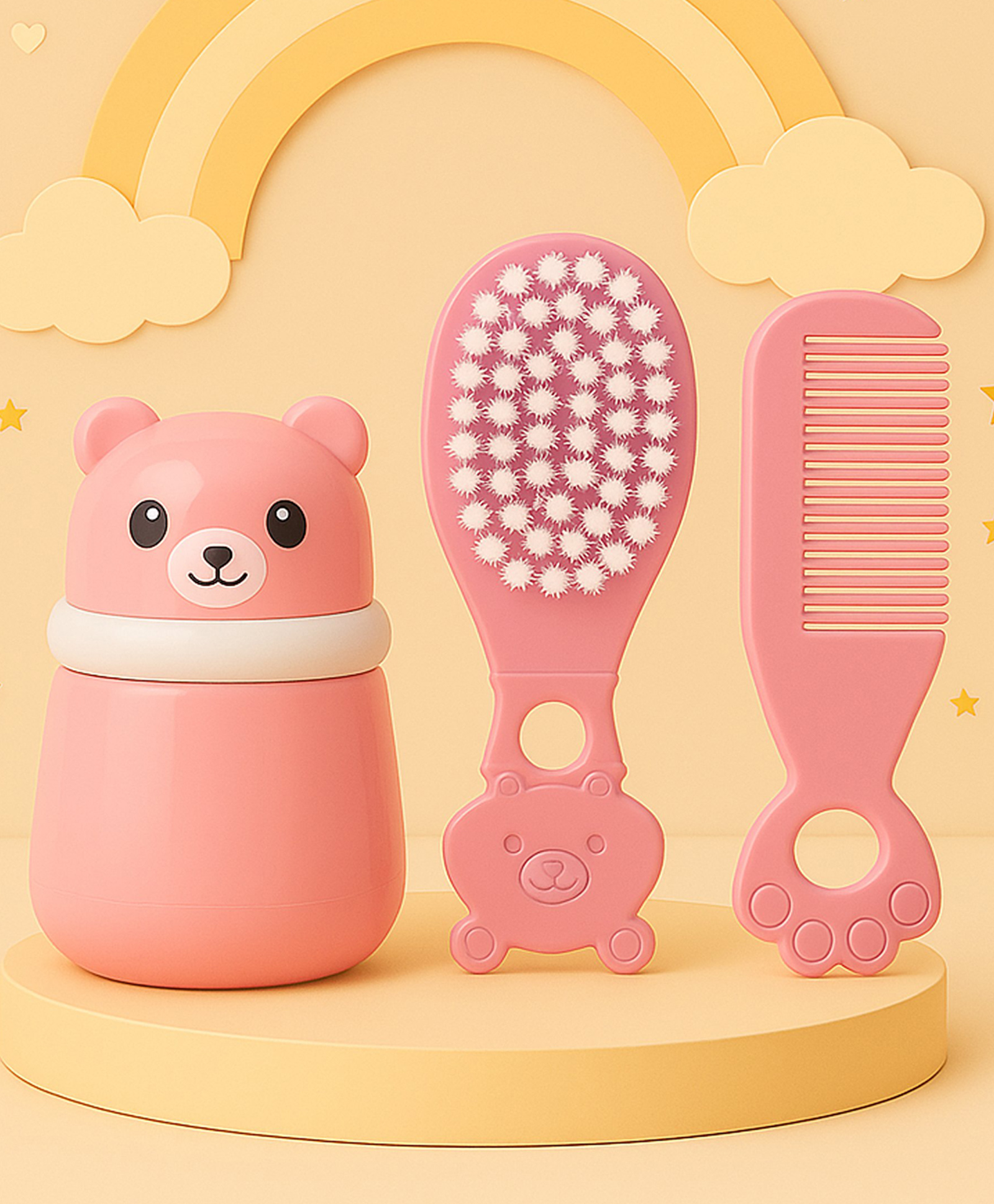 The Cheeky Kidzz Baby Skin Care Powder Talcum Puff Case Container Box With Soft Bristles Hair Bear Comb Brush For Babies First Shower Gift (PINK)-image-36