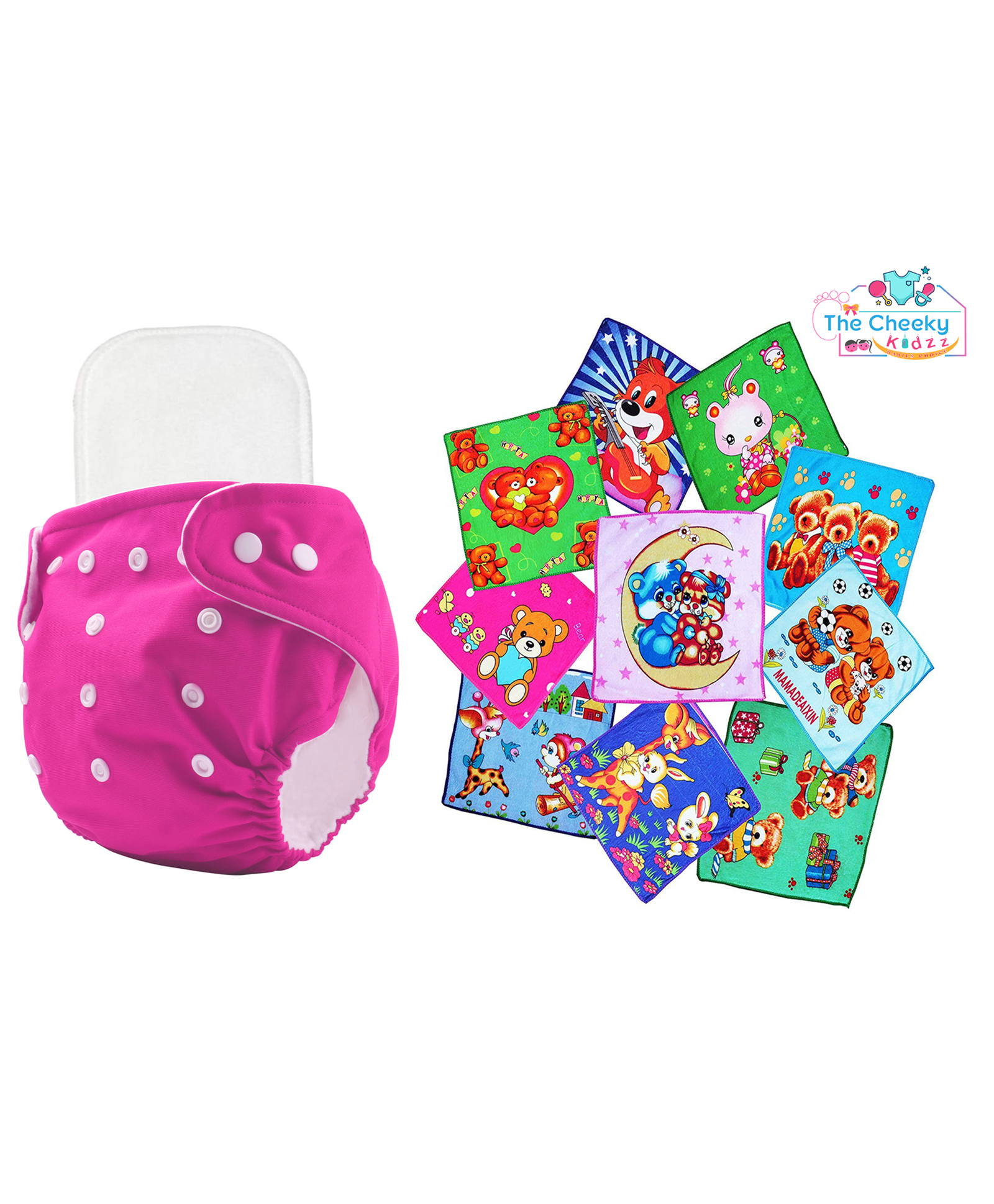 The Cheeky Kidzz Baby 1 Reusable Adjustable Cotton Cloth Diaper With 1 Bamboo Insert Pad Wet-free And 10 Soft Printed Baby Face Hand Towels (PINK)-image-0