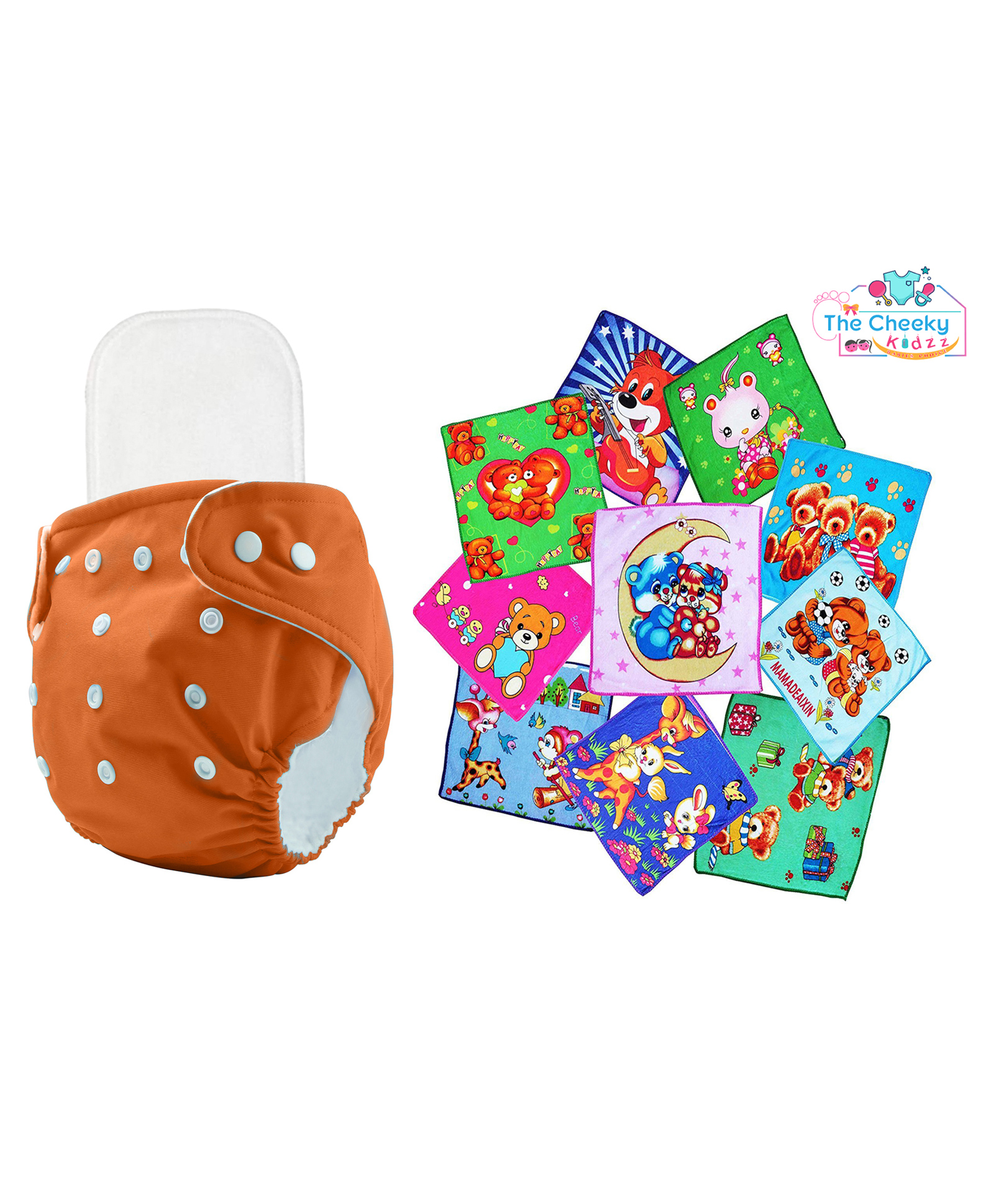 The Cheeky Kidzz Baby 1 Reusable Adjustable Cotton Cloth Diaper With 1 Bamboo Insert Pad Wet-free And 10 Soft Printed Baby Face Hand Towels (ORANGE)-image-32
