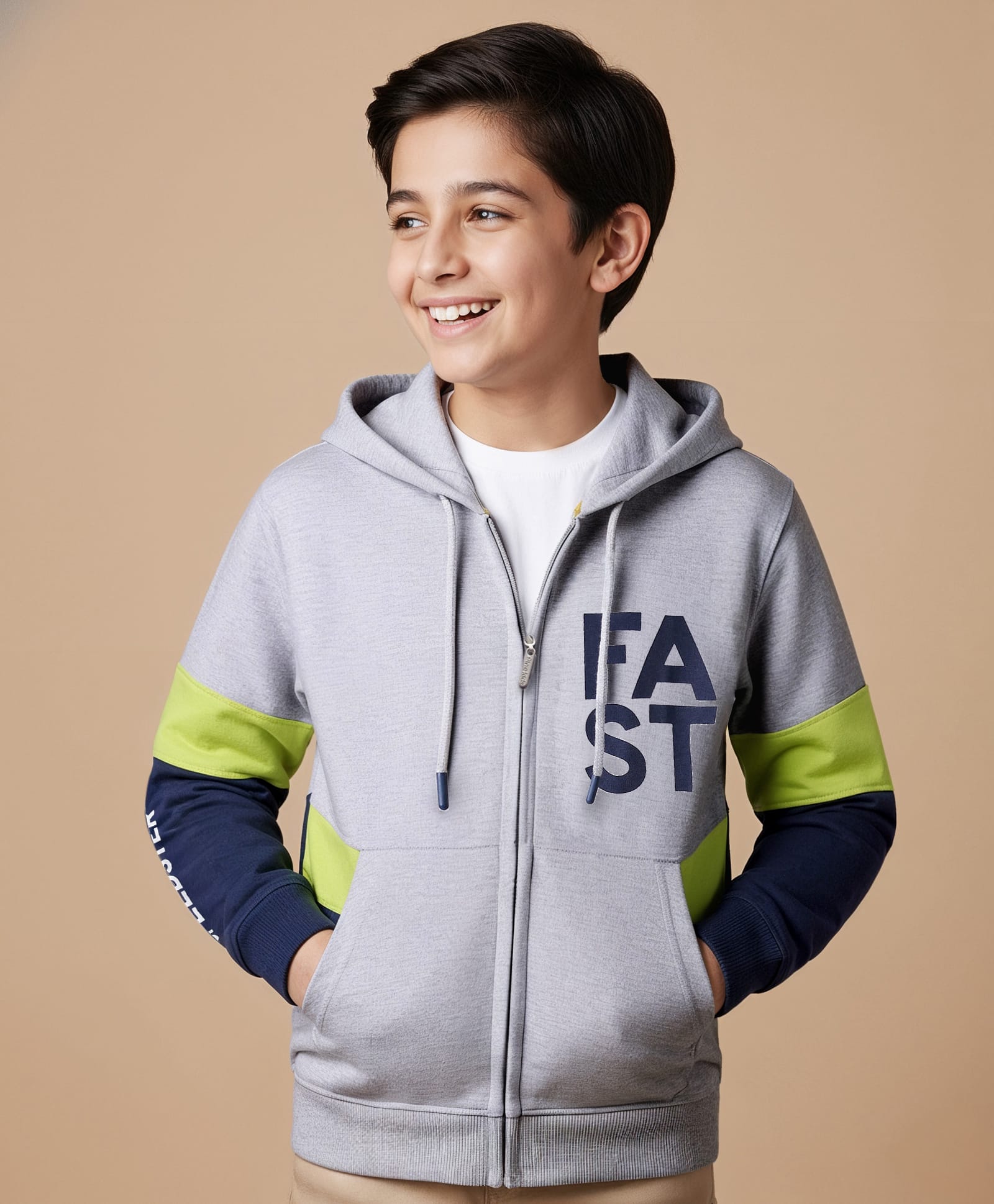 Pine Kids 100% Cotton Full Sleeves Cut & Sew Hooded Sweatjacket With Kangaroo Pockets - Grey-image-24
