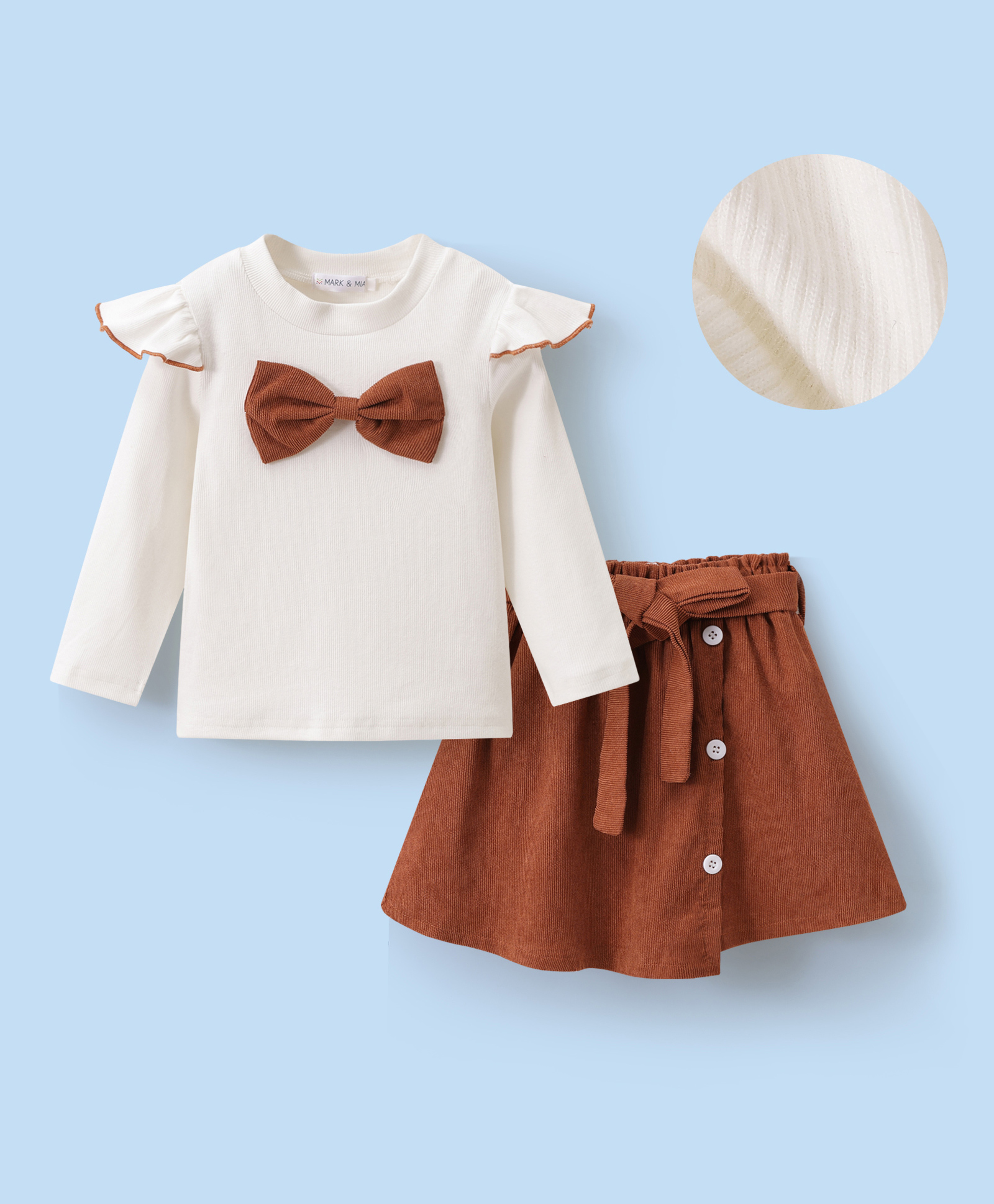 Mark & Mia Full Sleeves Winter Wear Top & Skirt Set with Bow Applique & Belt - Brown & White-image-0
