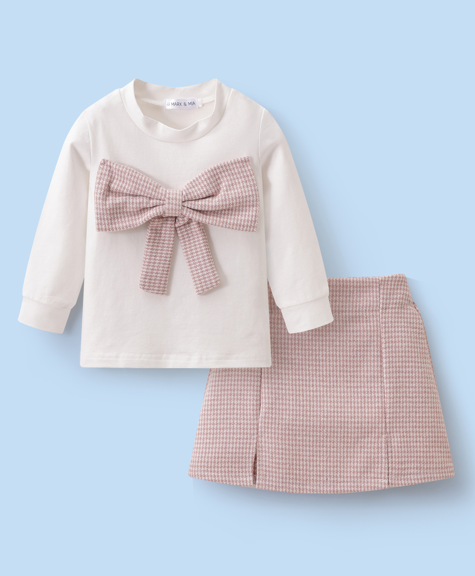 Mark & Mia Cotton Knit Full Sleeves Top and Skirt Set With Checks & Bow Applique - Pink & White-picture-33