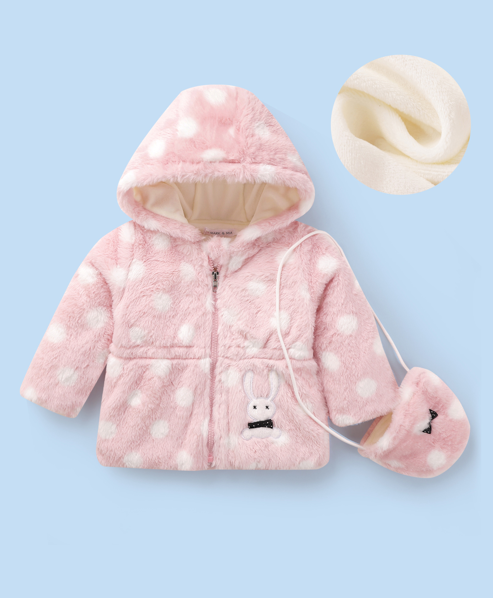 Mark & Mia Full Sleeves Hooded Fur Winter Jacket With Polka Dot Print & Fanny Pack - Pink-image-18