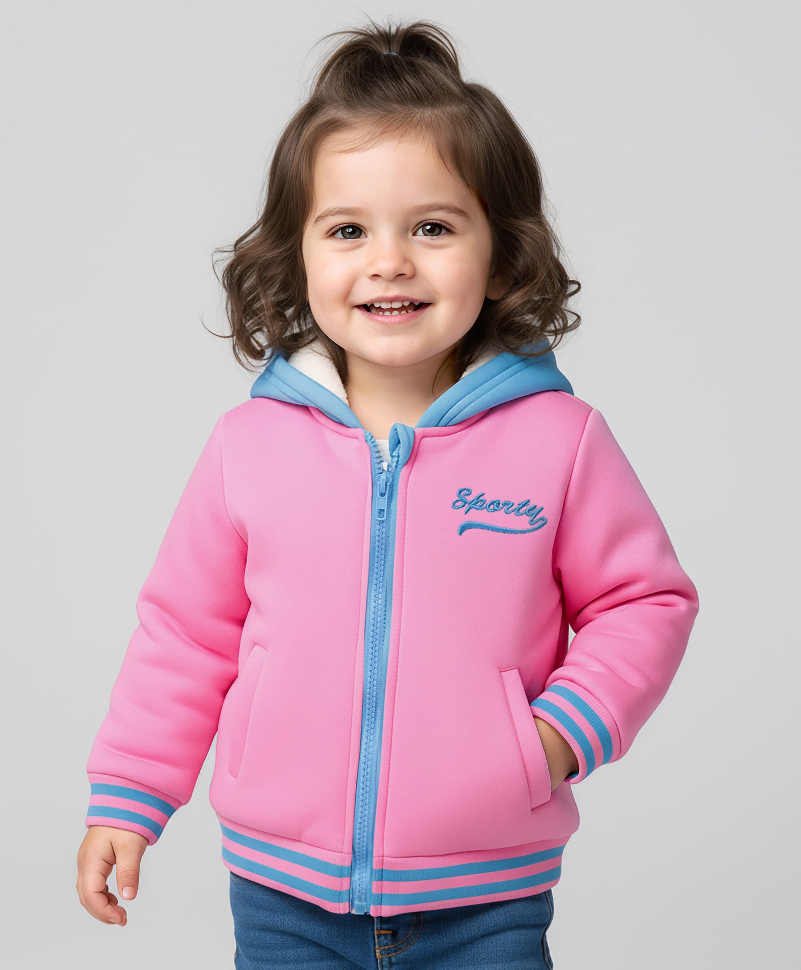 Mark & Mia Full Sleeves Hooded Fur SweatJacket with Pocket & Text Embroidery - Pink-image-2