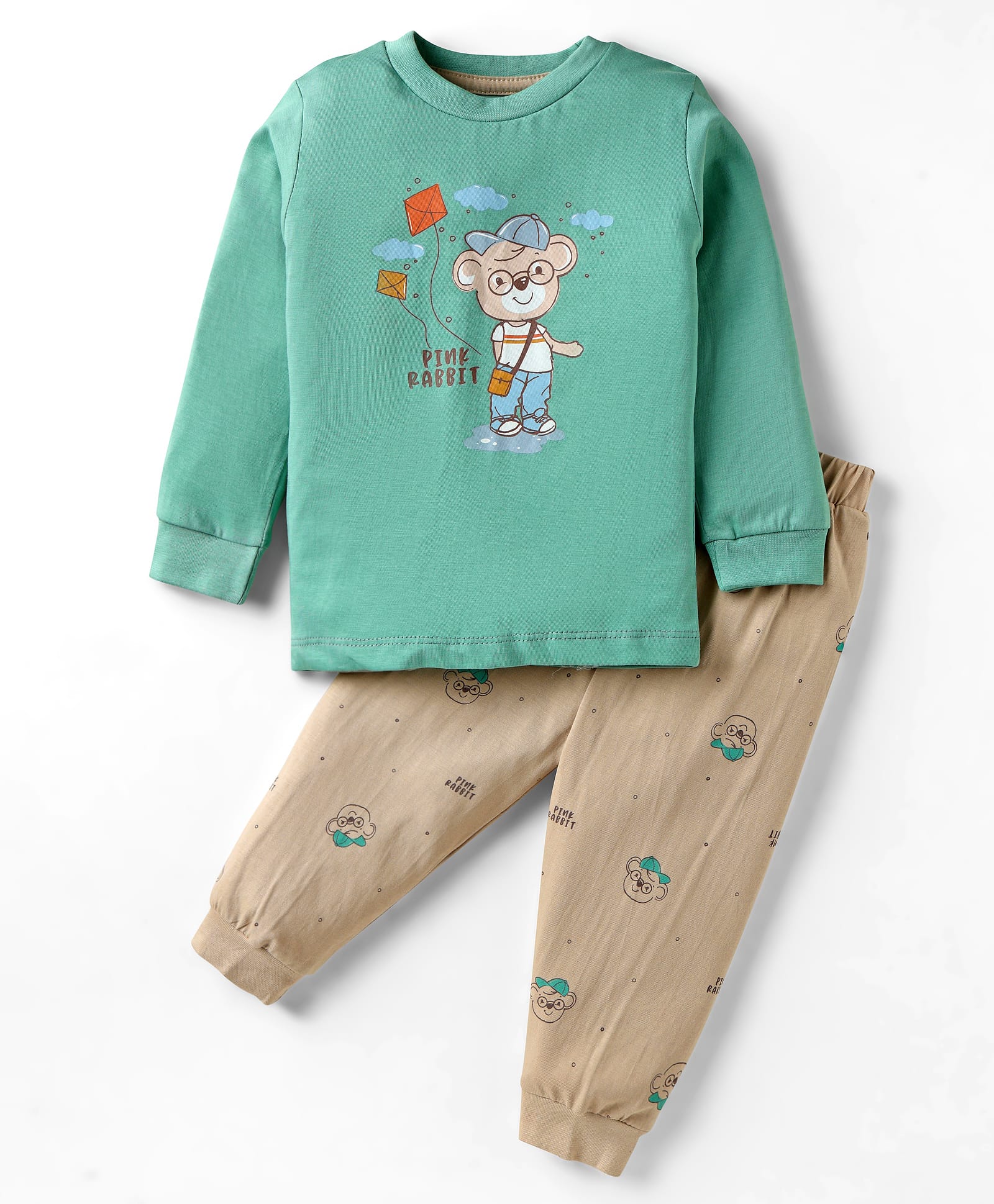 Pink Rabbit Interlock Knit Full Sleeves Night Suit With Animal Print - Mint Green-picture-41