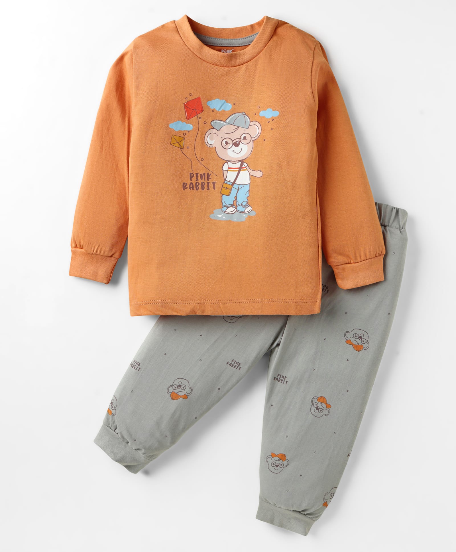 Pink Rabbit Interlock Knit Full Sleeves Night Suit With Animal Print - Orange-picture-19