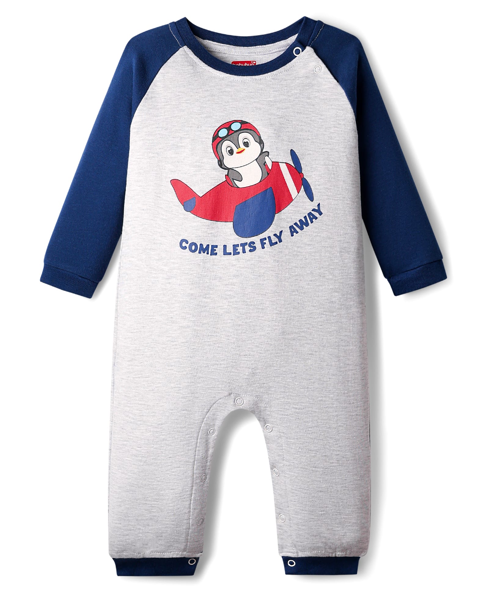 Babyhug 100% Cotton Raglan Full Sleeves Penguin & Aeroplane Printed Romper - Light Grey & Blue-image-22