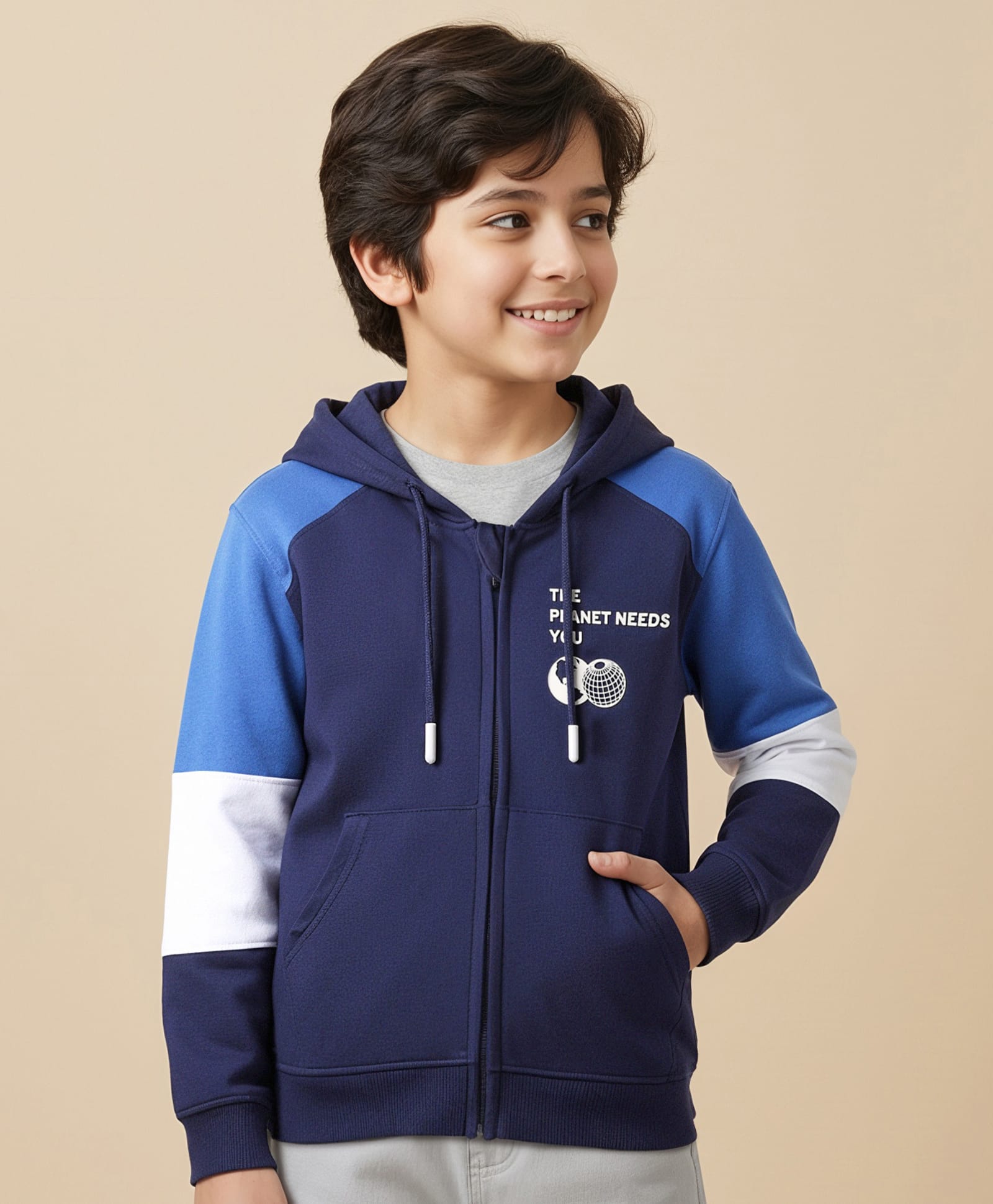 Pine Kids 100% Cotton Full Sleeves Cut & Sew Hooded SweatJackets With Kangaroo Pockets - Blue-picture-19